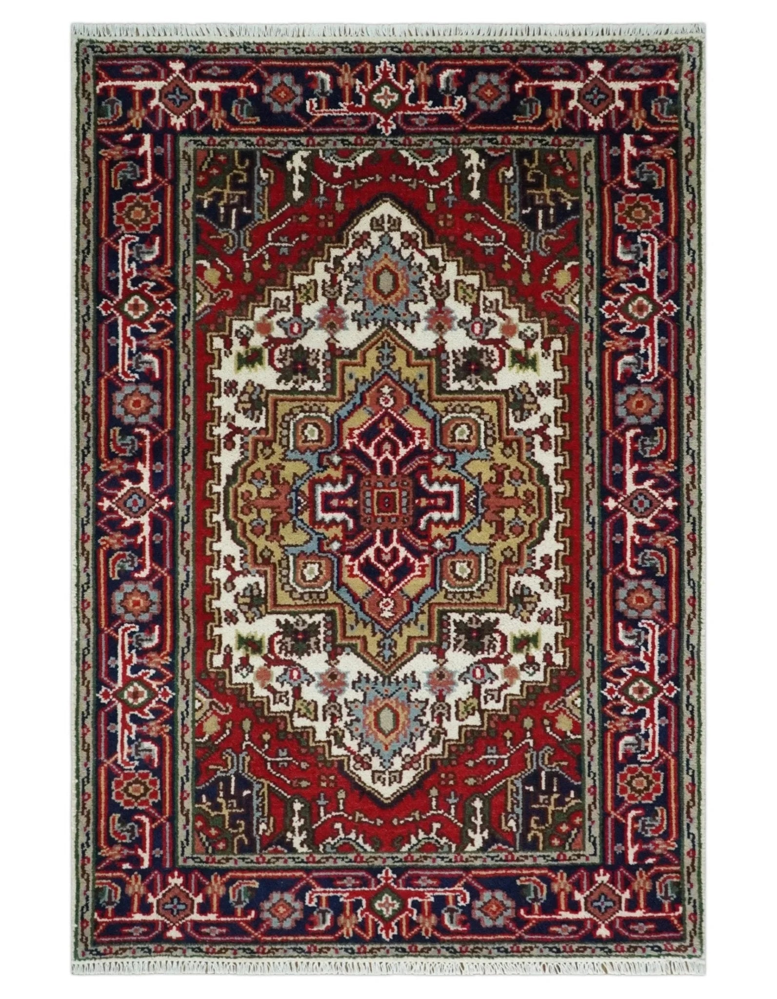 Hand Knotted Ivory, Brown and Blue Traditional Antique Style Wool Area Rug - The Rug Decor