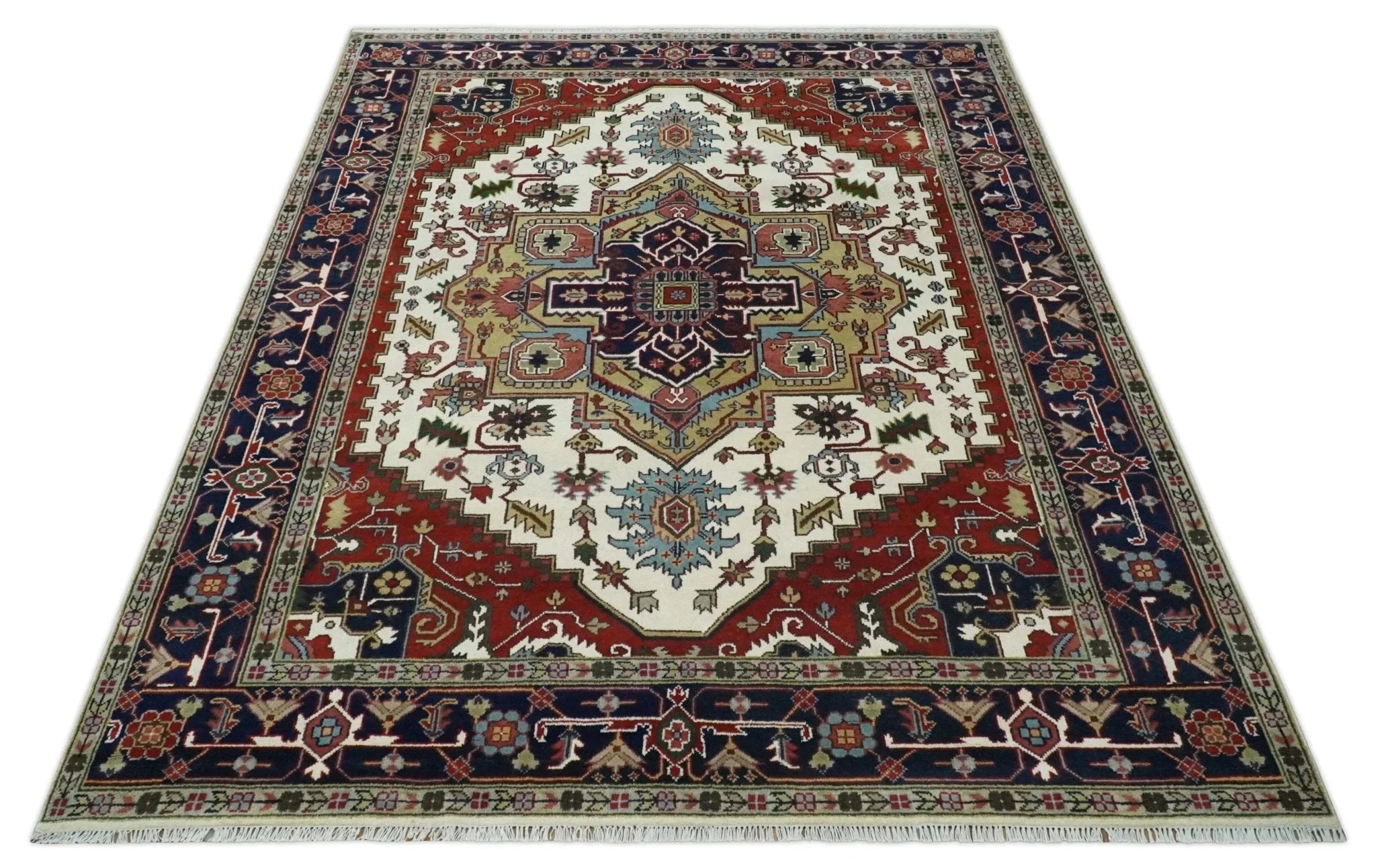 Hand Knotted Ivory, Brown and Blue Traditional Antique Style Wool Area Rug - The Rug Decor