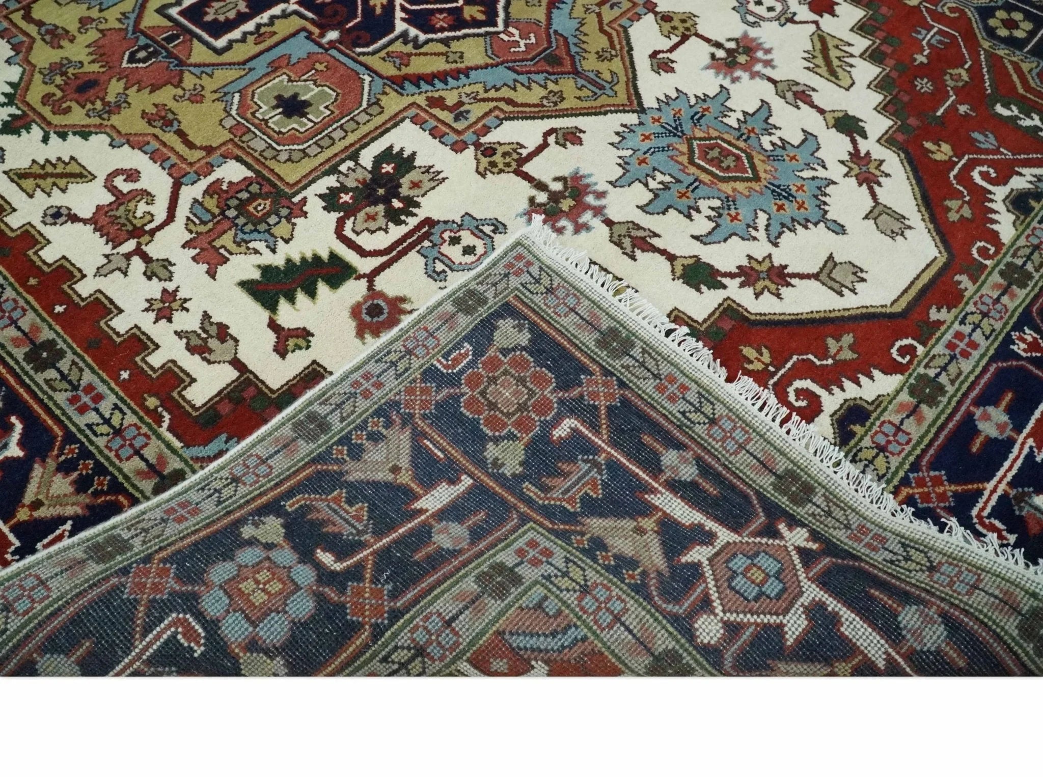 Hand Knotted Ivory, Brown and Blue Traditional Antique Style Wool Area Rug - The Rug Decor