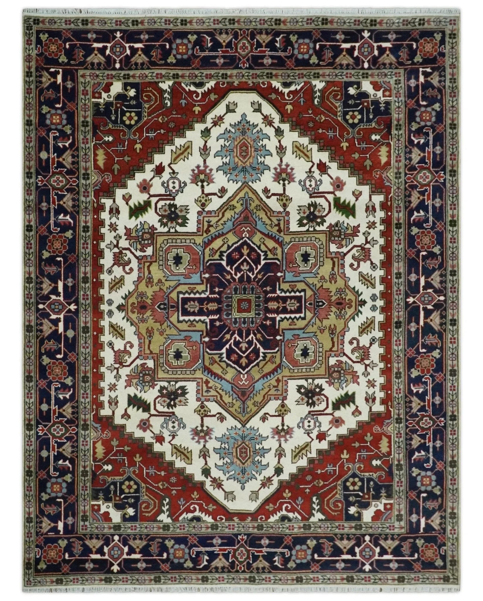 Hand Knotted Ivory, Brown and Blue Traditional Antique Style Wool Area Rug - The Rug Decor
