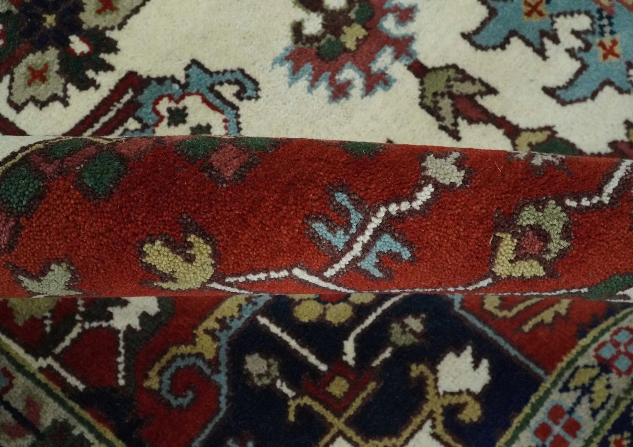 Hand Knotted Ivory, Brown and Blue Traditional Antique Style Wool Area Rug - The Rug Decor