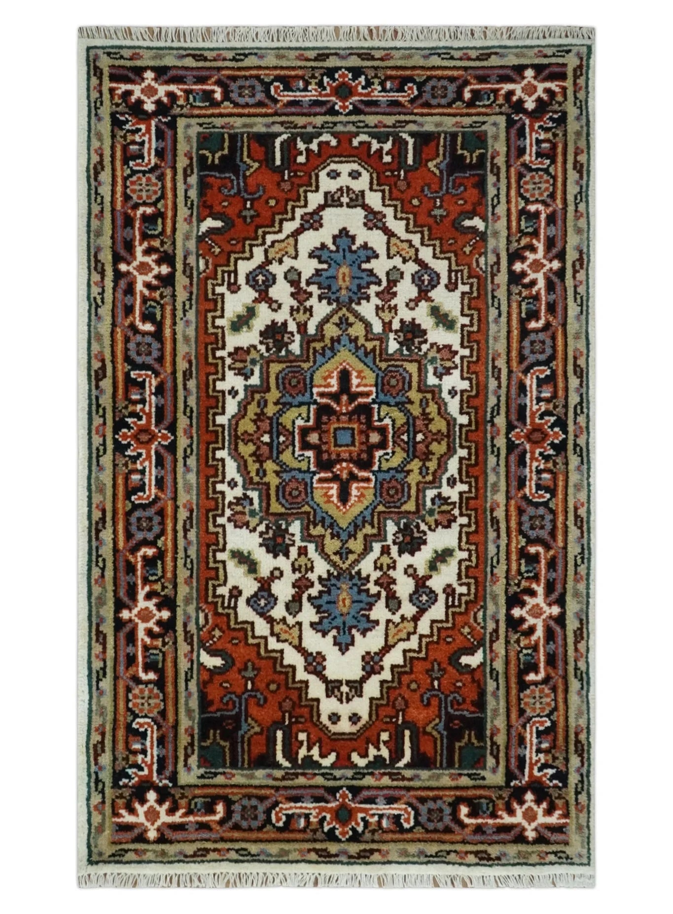 Hand Knotted Ivory, Brown and Blue Traditional Antique Style Wool Area Rug - The Rug Decor