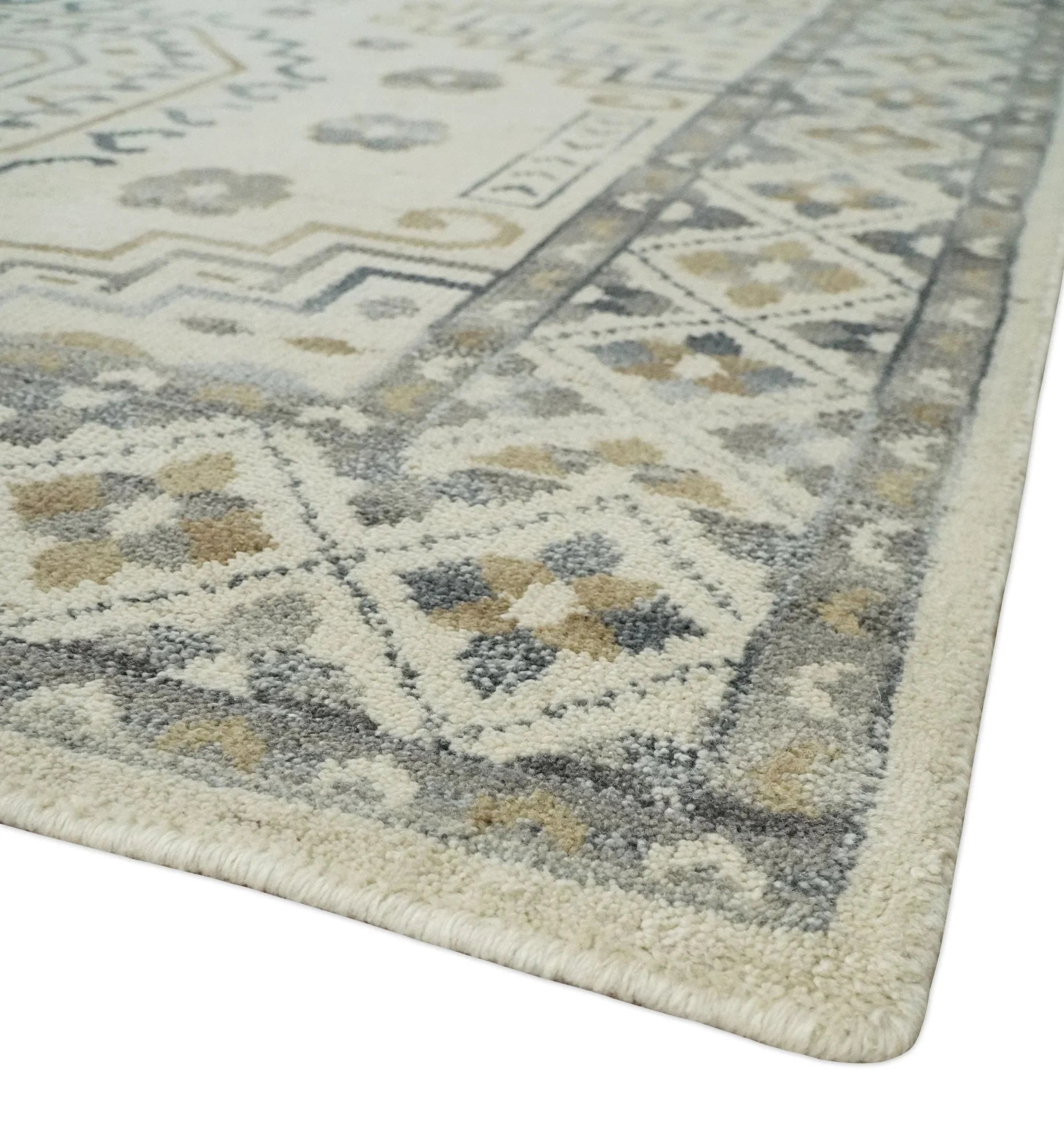 Hand Knotted Ivory, Gray and Beige Traditional Medallion Natural Wool Area Rug, Kids, Living Room and Bedroom Rug | MEHK7 - The Rug Decor