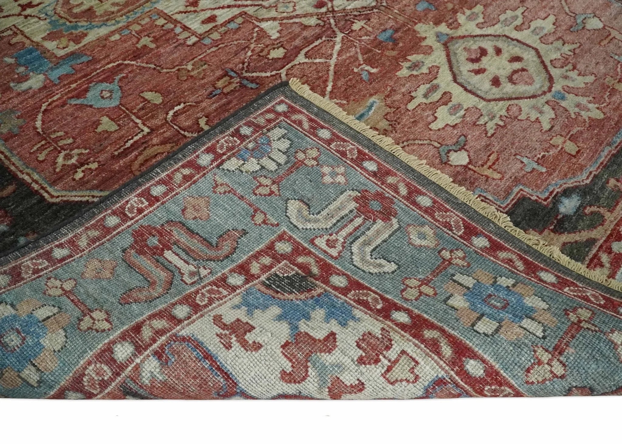 Hand Knotted Ivory, Rust and Blue Antique Persian Heriz Serapi Wool Rug, 5x8, 6x9, 8x10 and 9x12 Living Room Rug | TRD2557 - The Rug Decor