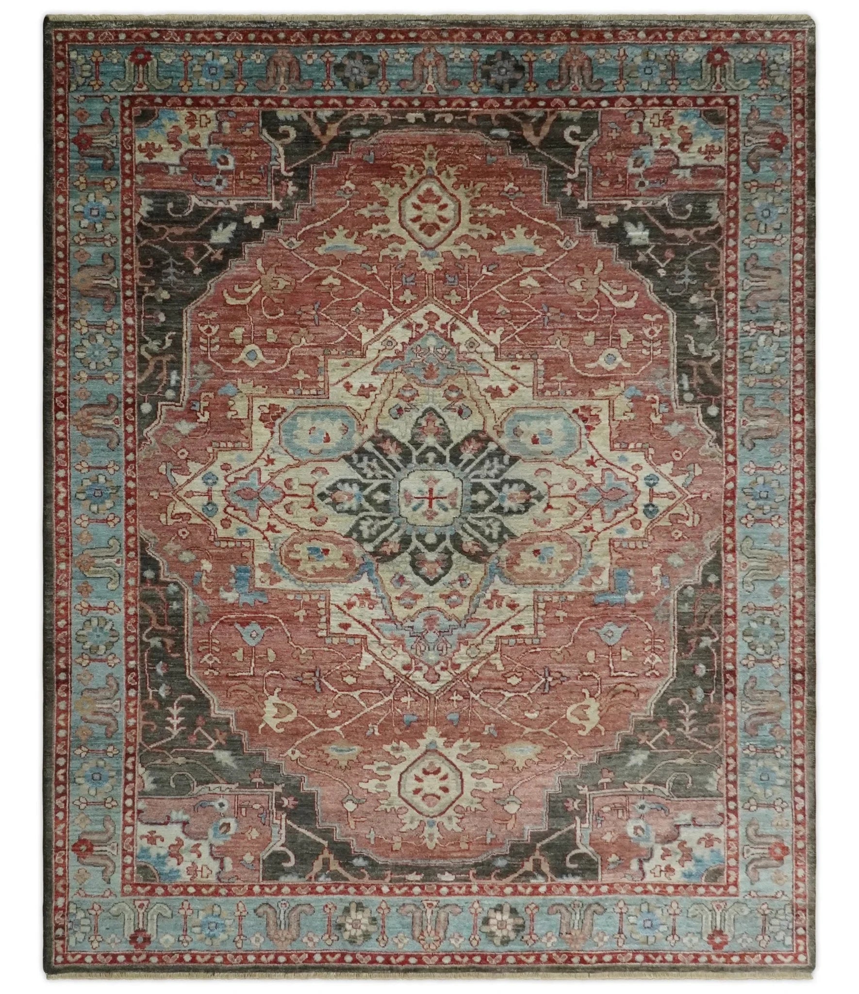 Hand Knotted Ivory, Rust and Blue Antique Persian Heriz Serapi Wool Rug, 5x8, 6x9, 8x10 and 9x12 Living Room Rug | TRD2557 - The Rug Decor