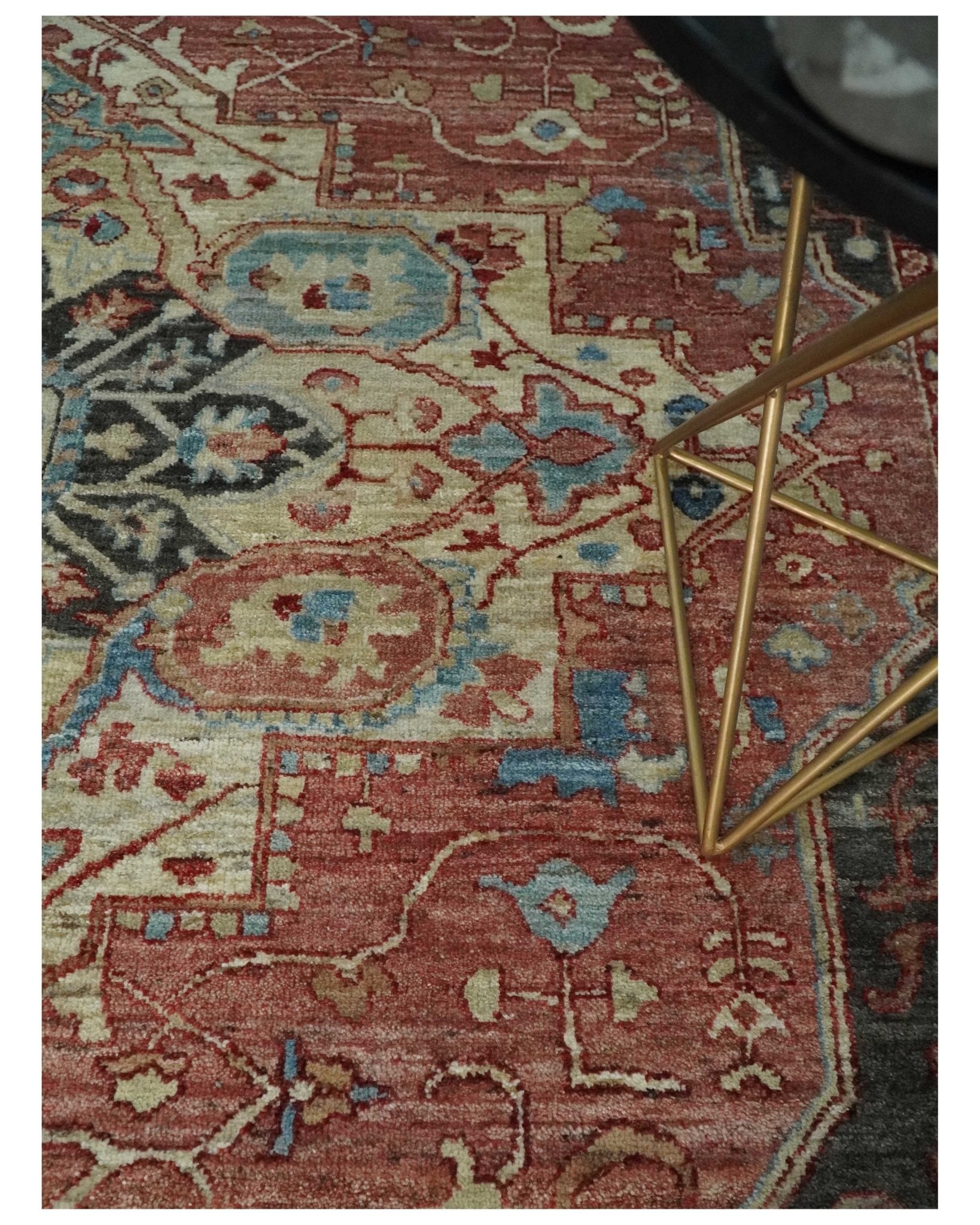 Hand Knotted Ivory, Rust and Blue Antique Persian Heriz Serapi Wool Rug, 5x8, 6x9, 8x10 and 9x12 Living Room Rug | TRD2557 - The Rug Decor