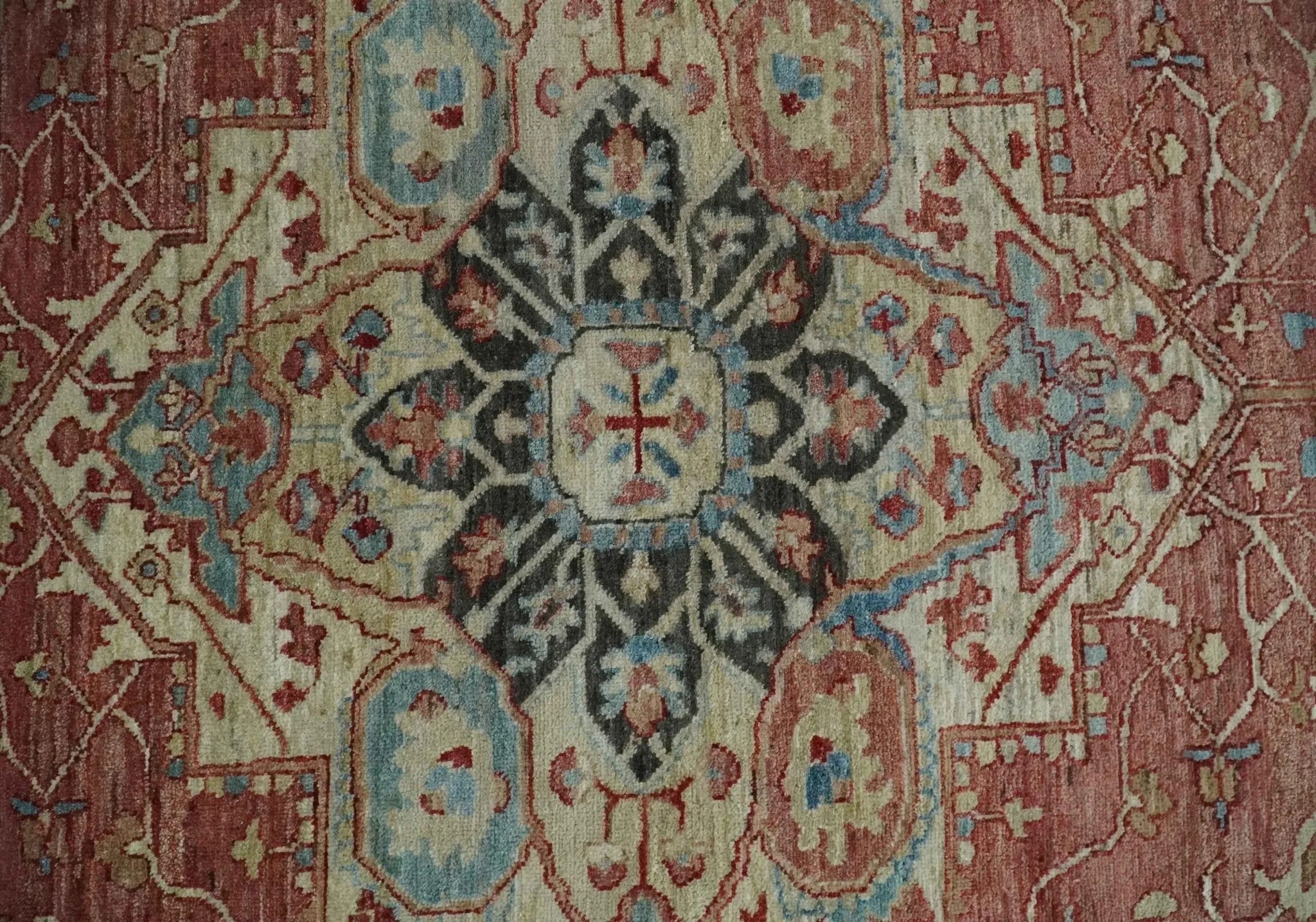 Hand Knotted Ivory, Rust and Blue Antique Persian Heriz Serapi Wool Rug, 5x8, 6x9, 8x10 and 9x12 Living Room Rug | TRD2557 - The Rug Decor