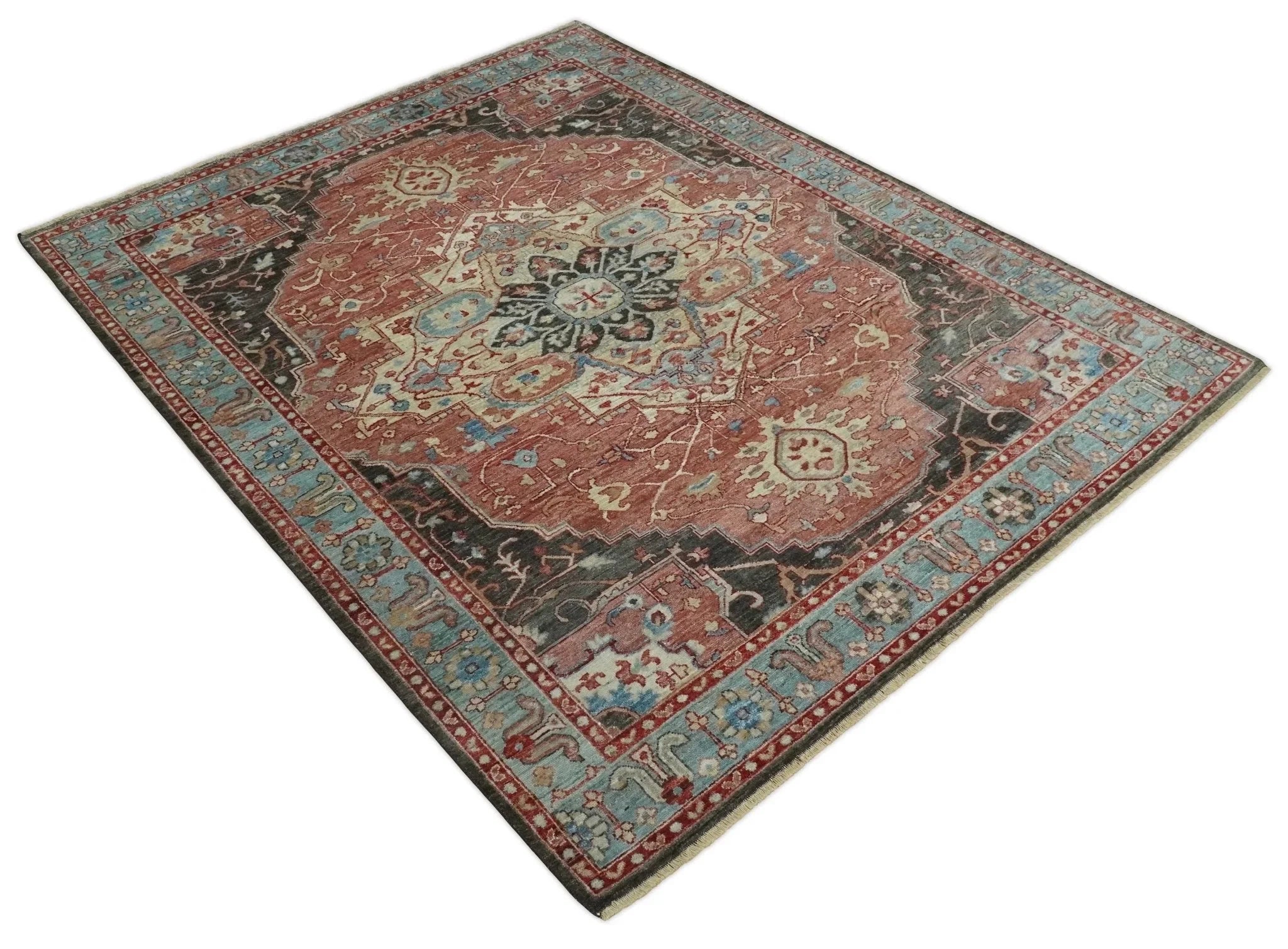 Hand Knotted Ivory, Rust and Blue Antique Persian Heriz Serapi Wool Rug, 5x8, 6x9, 8x10 and 9x12 Living Room Rug | TRD2557 - The Rug Decor