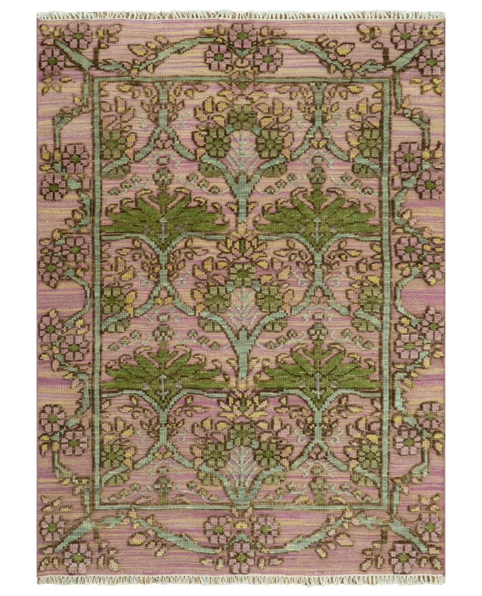 Hand Knotted Pink, Green and Beige Floral Traditional Antique Style Wool Area Rug - The Rug Decor
