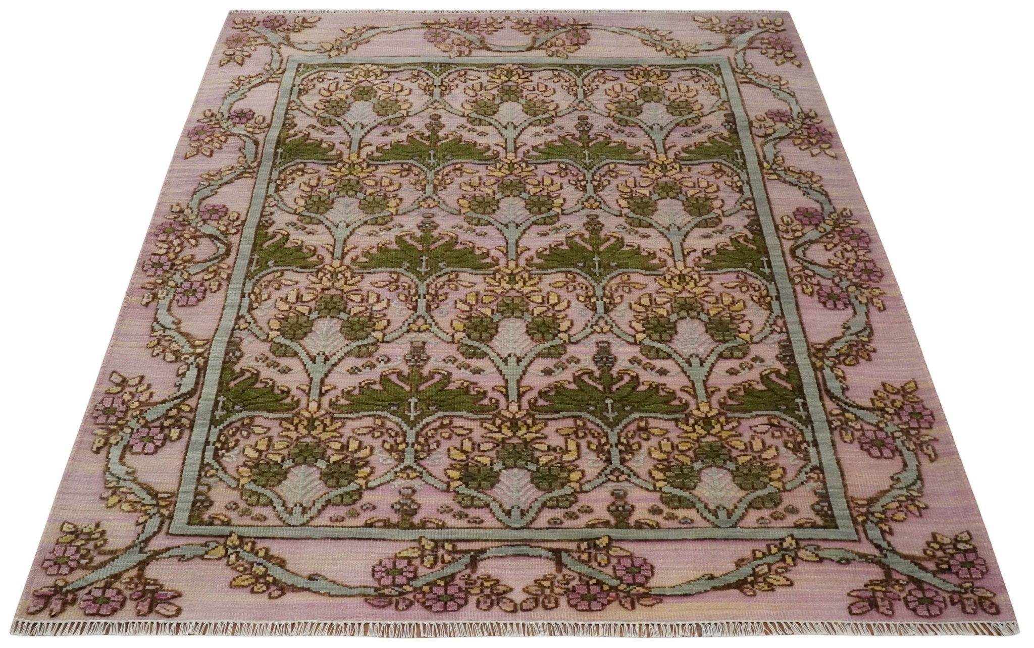 Hand Knotted Pink, Green and Beige Floral Traditional Antique Style Wool Area Rug - The Rug Decor