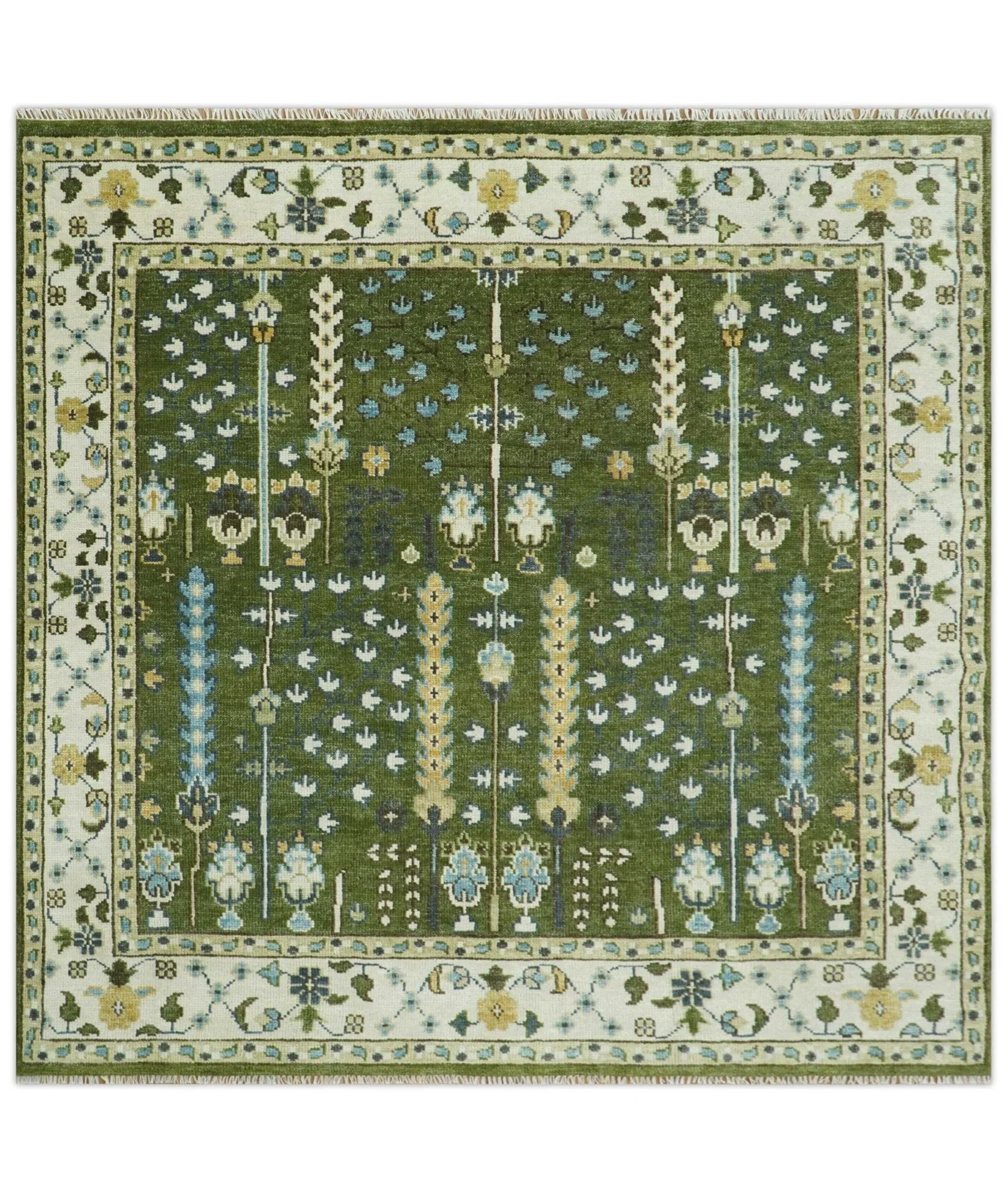 Hand Knotted Royal Green and Ivory Traditional Turkish Style Tree Of Life Multi Size Wool Area Rug - The Mayfair Hall