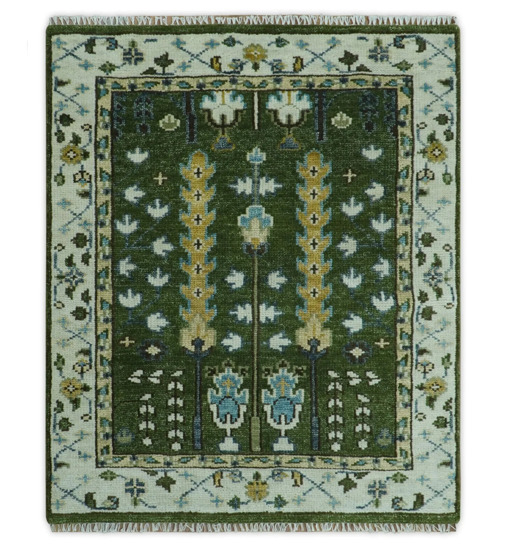 Hand Knotted Royal Green and Ivory Traditional Turkish Style Tree Of Life Multi Size Wool Area Rug - The Mayfair Hall