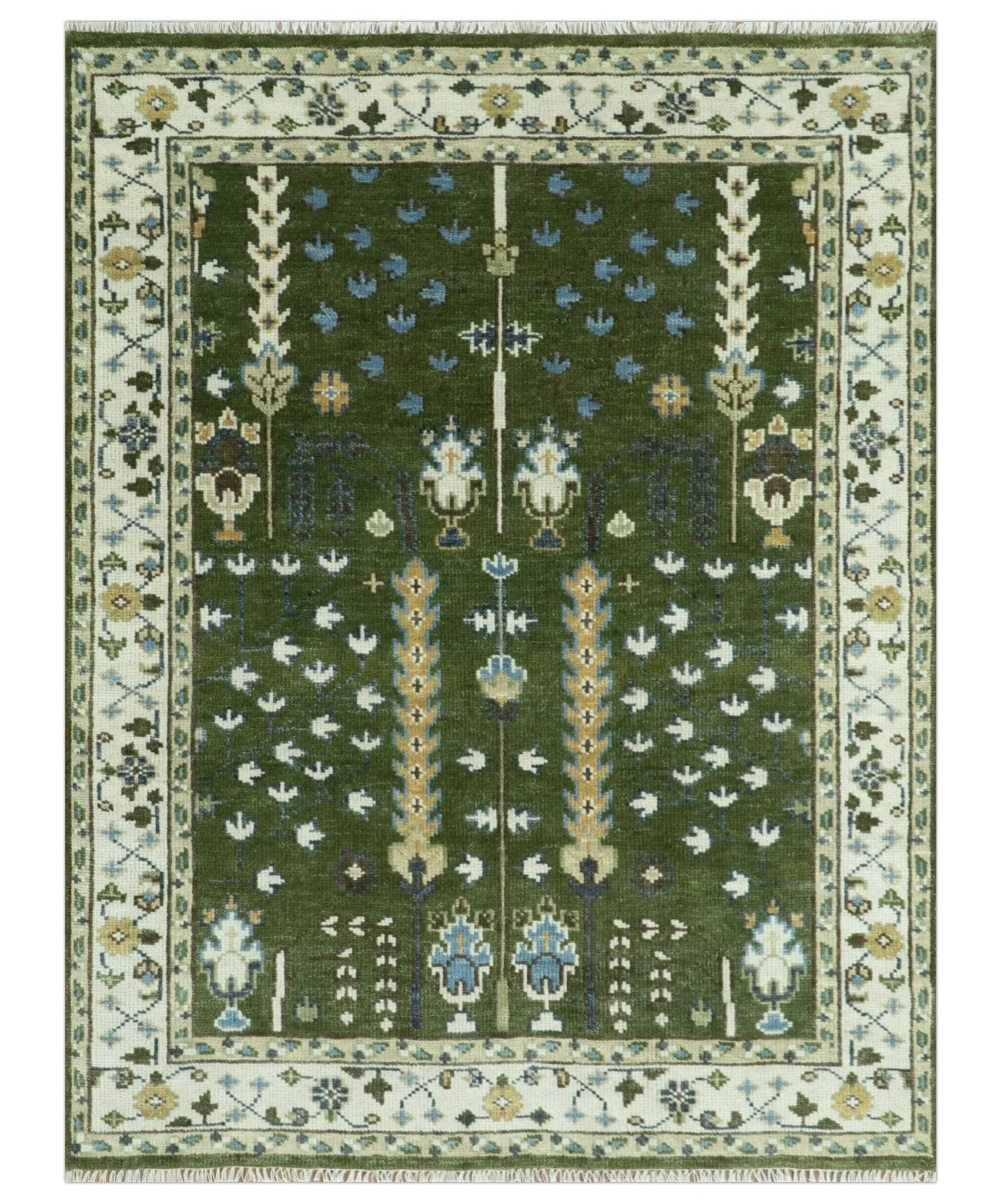 Hand Knotted Royal Green and Ivory Traditional Turkish Style Tree Of Life Multi Size Wool Area Rug - The Rug Decor