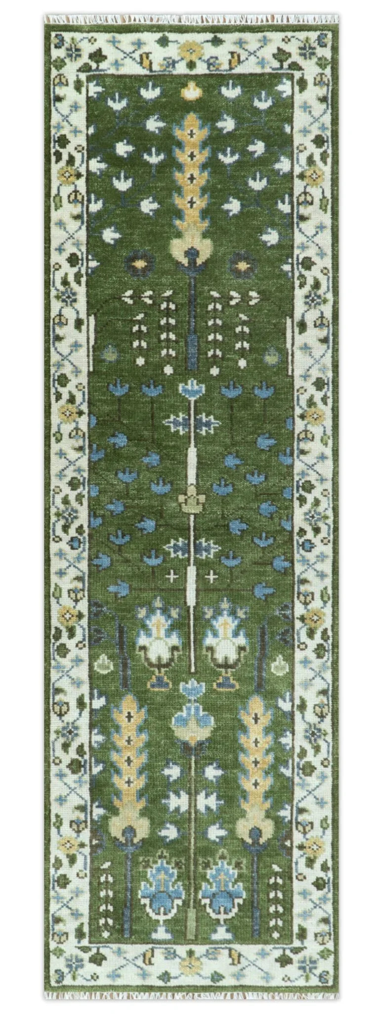 Hand Knotted Royal Green and Ivory Traditional Turkish Style Tree Of Life Multi Size Wool Area Rug - The Mayfair Hall