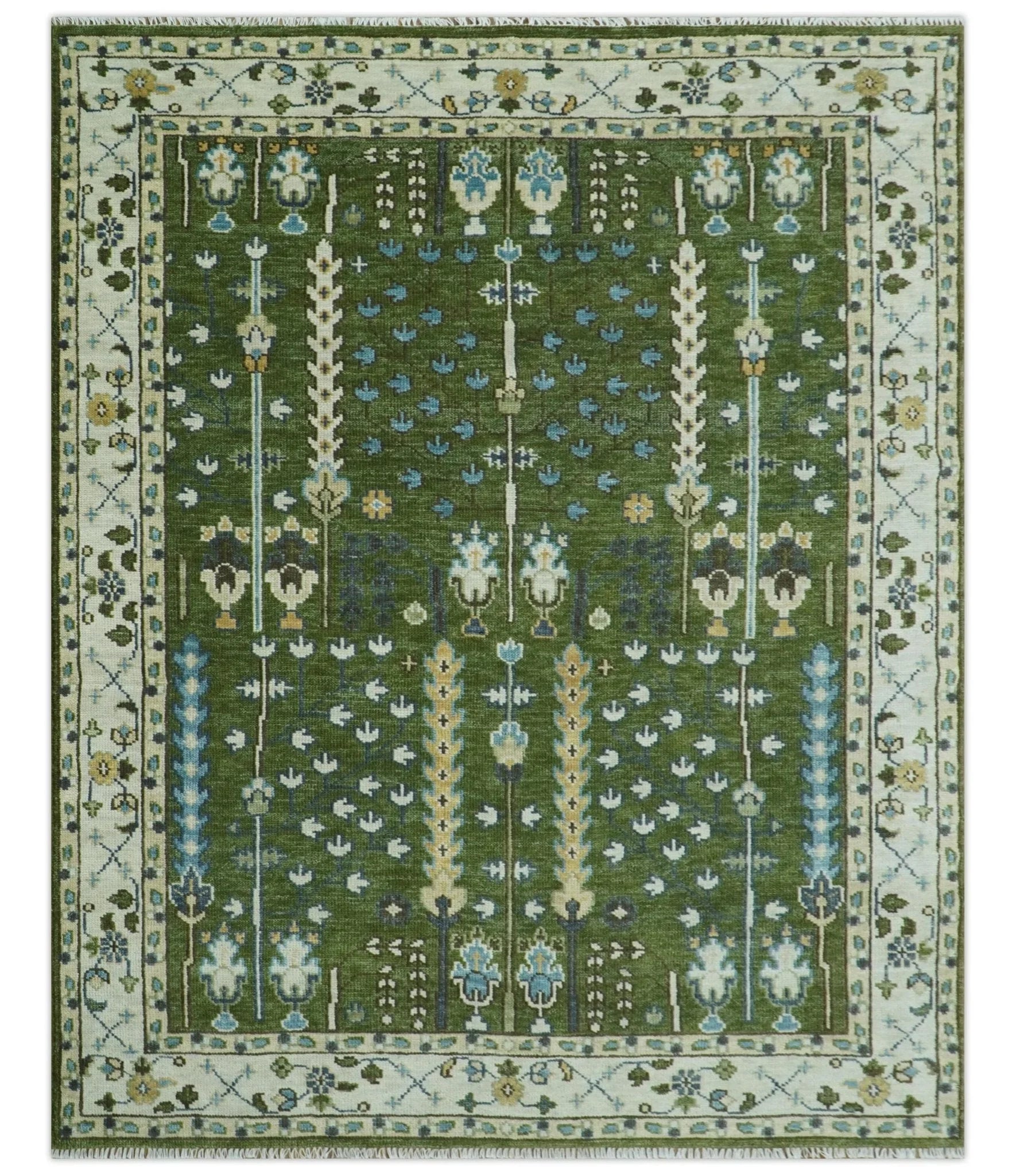 Hand Knotted Royal Green and Ivory Traditional Turkish Style Tree Of Life Multi Size Wool Area Rug - The Mayfair Hall