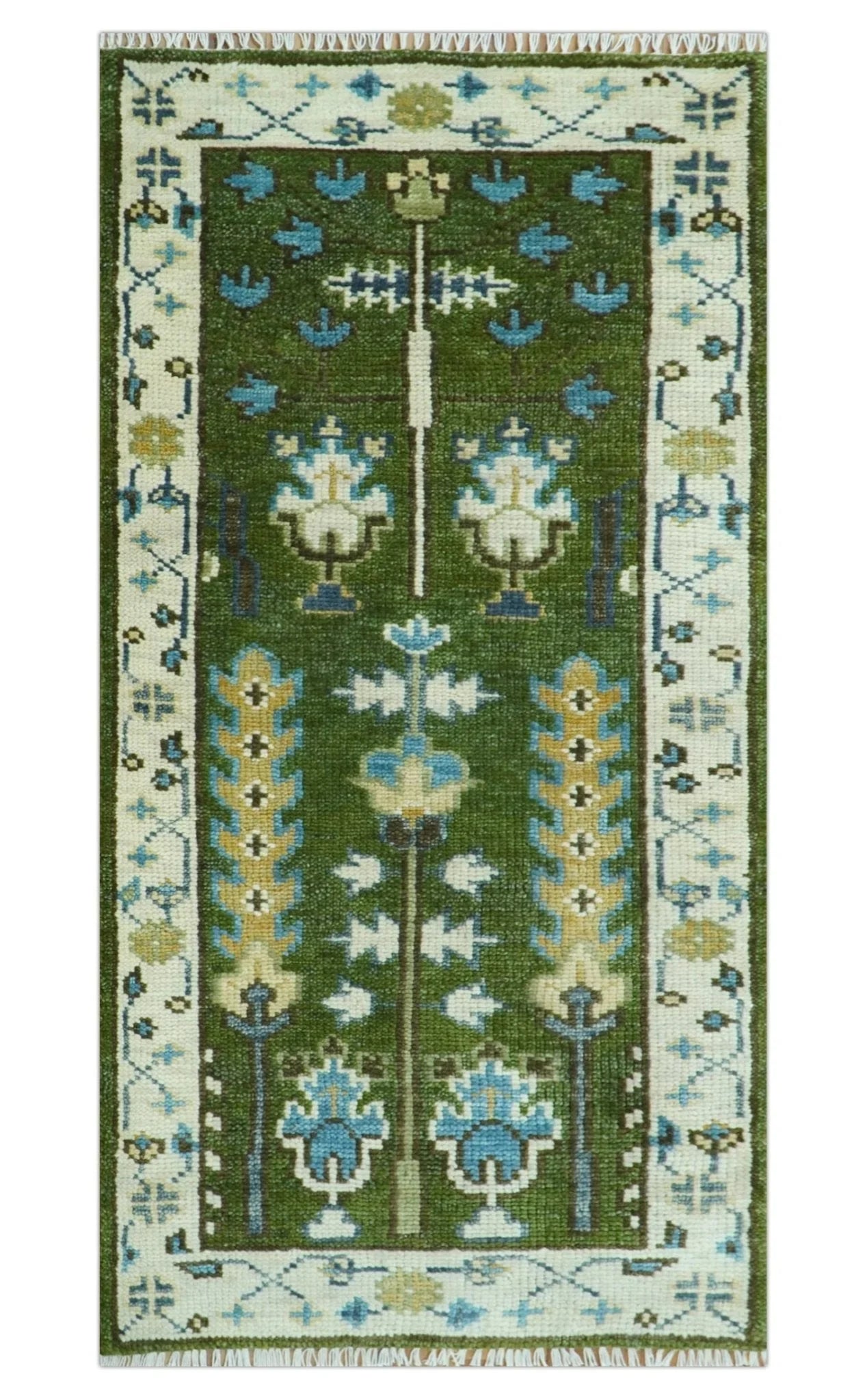 Hand Knotted Royal Green and Ivory Traditional Turkish Style Tree Of Life Multi Size Wool Area Rug - The Rug Decor
