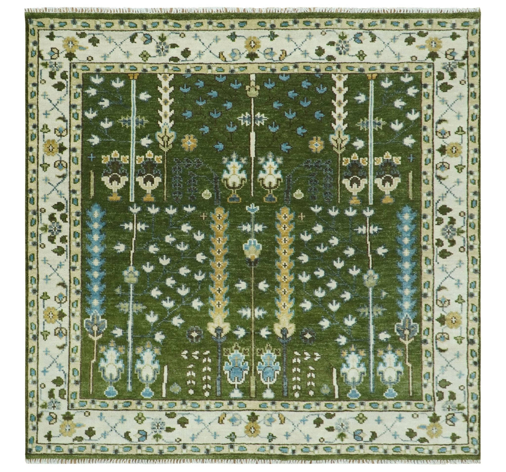 Hand Knotted Royal Green and Ivory Traditional Turkish Style Tree Of Life Multi Size Wool Area Rug