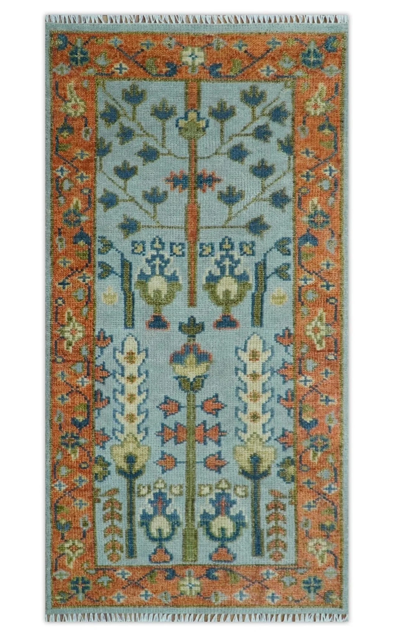 Hand Knotted Rust and Blue Traditional Turkish Vintage Multi Size Wool Rug - The Rug Decor