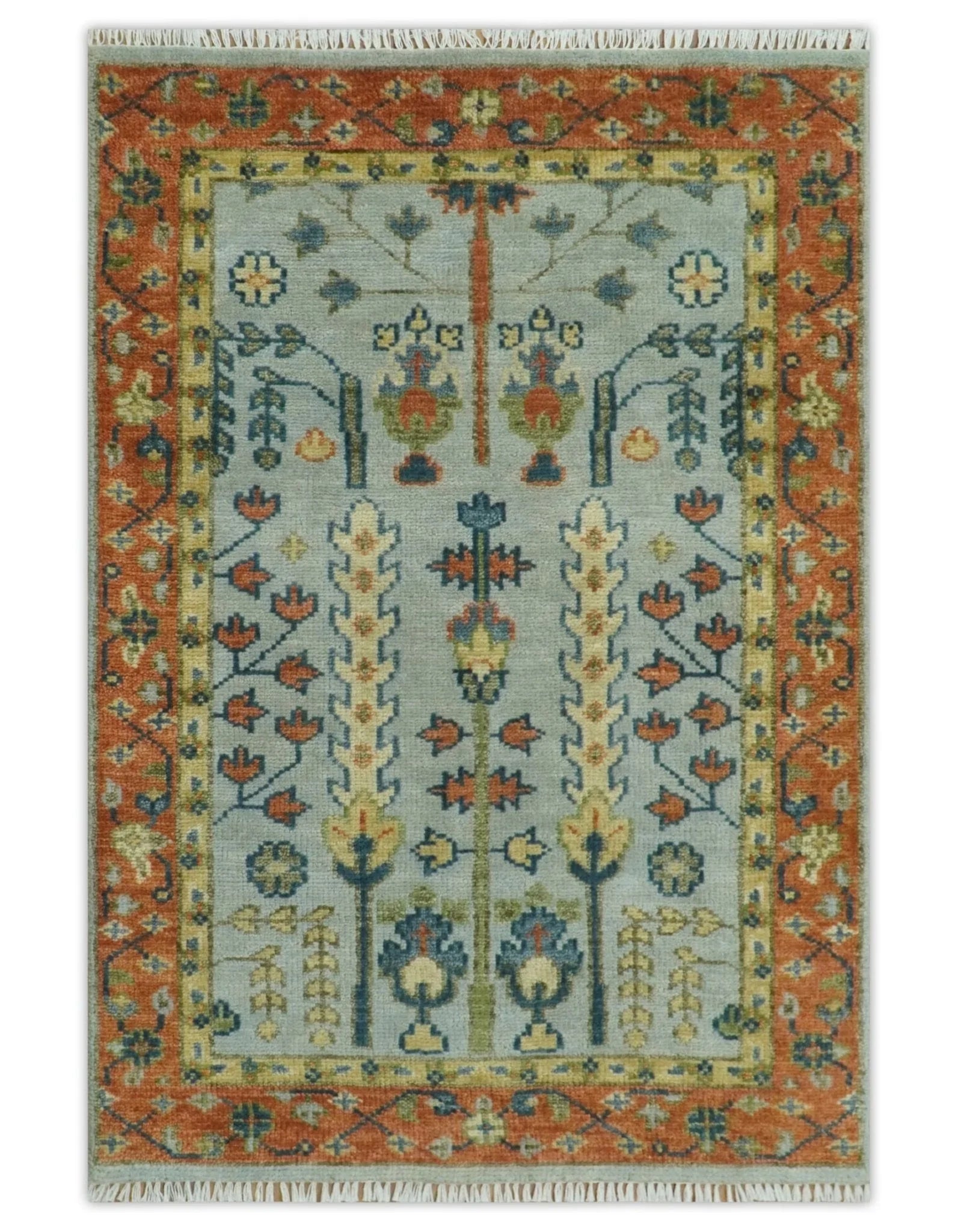Hand Knotted Rust and Blue Traditional Turkish Vintage Multi Size Wool Rug - The Mayfair Hall