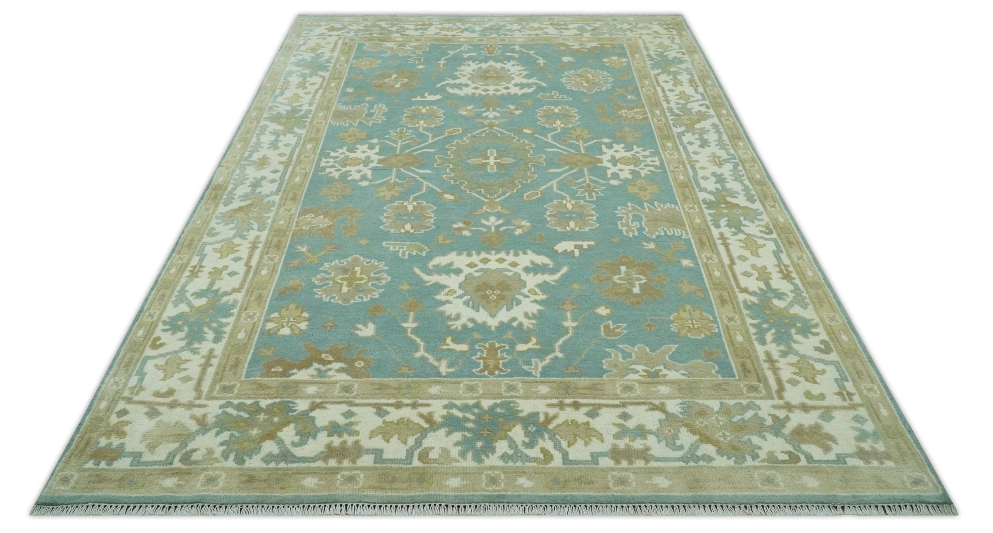 Hand Knotted Teal, Ivory and Beige Traditional Oriental Oushak Multi Size wool rug