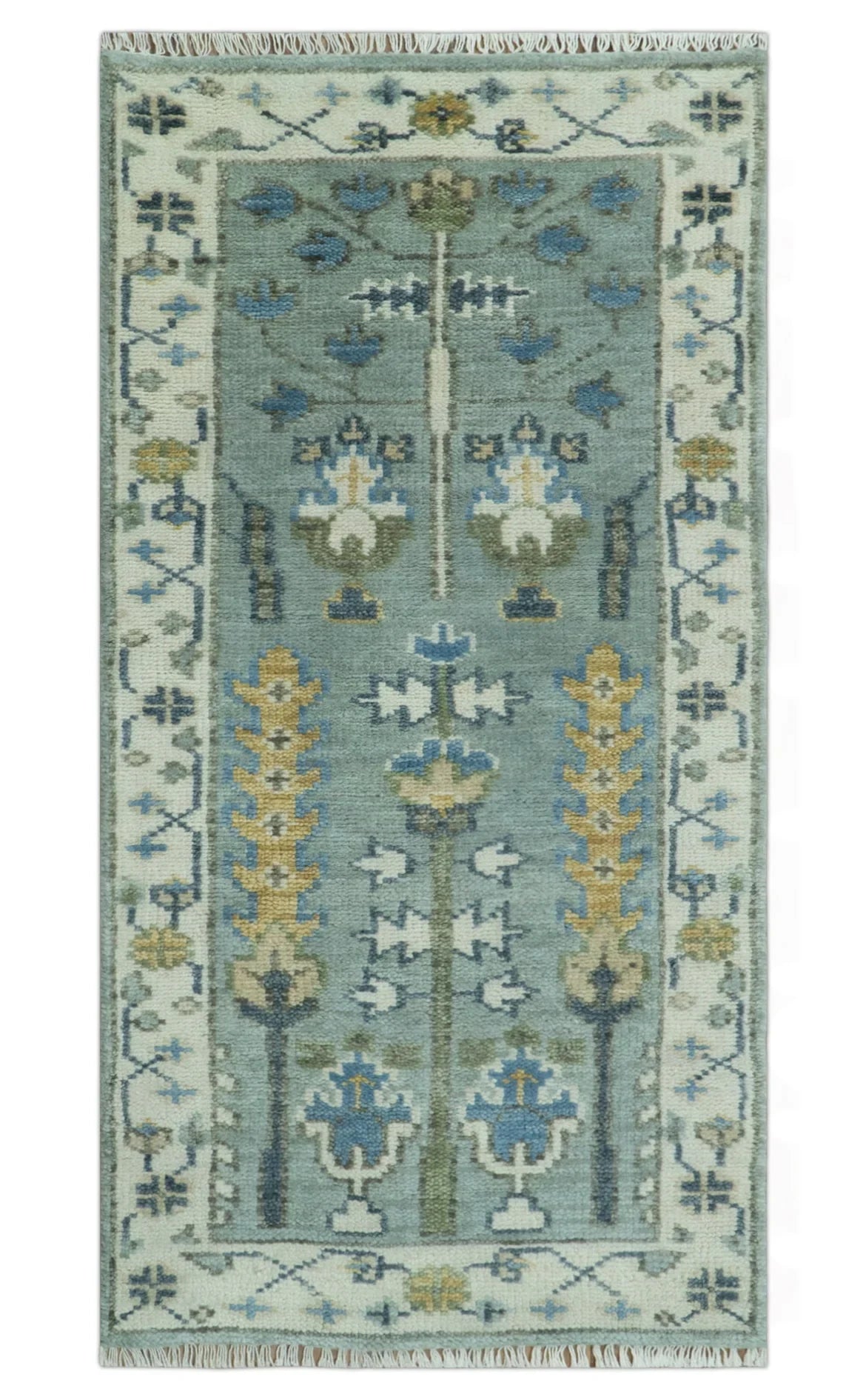 Hand Knotted Traditional Blue and Ivory Antique Oushak Custom Made Wool Area Rug - The Rug Decor