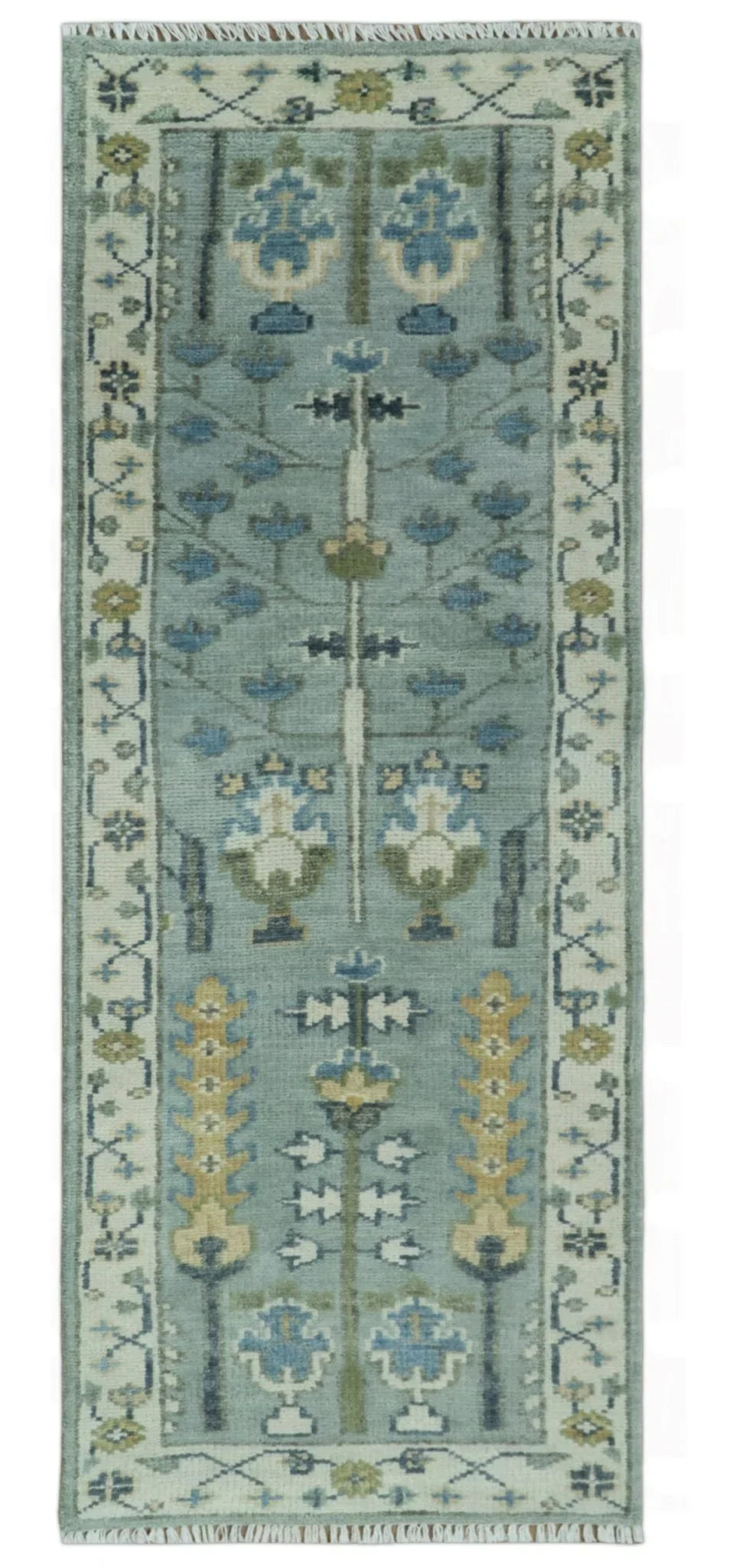 Hand Knotted Traditional Blue and Ivory Antique Oushak Custom Made Wool Area Rug