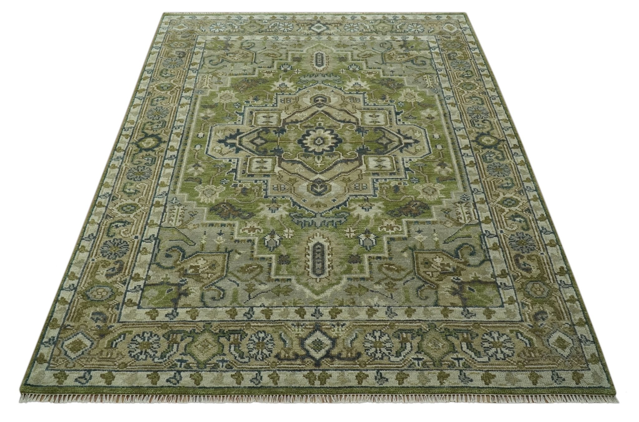 Hand Knotted Traditional Green, Silver and Charcoal 8x10 wool area rug - The Rug Decor