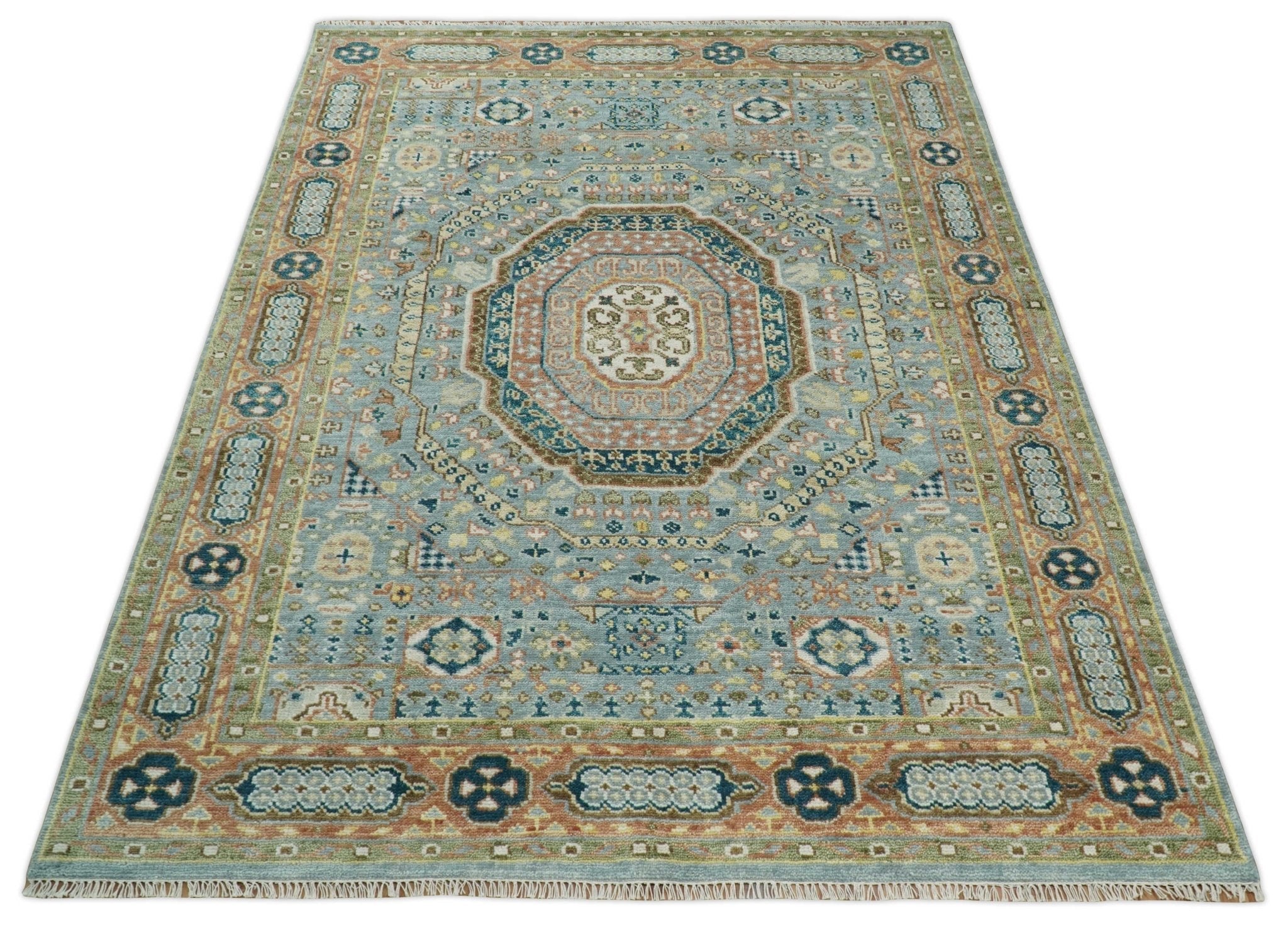 Hand Knotted traditional Kazak 8x10 Blue and Rust Traditional Armenian Rug | TRDCP134810 - The Rug Decor