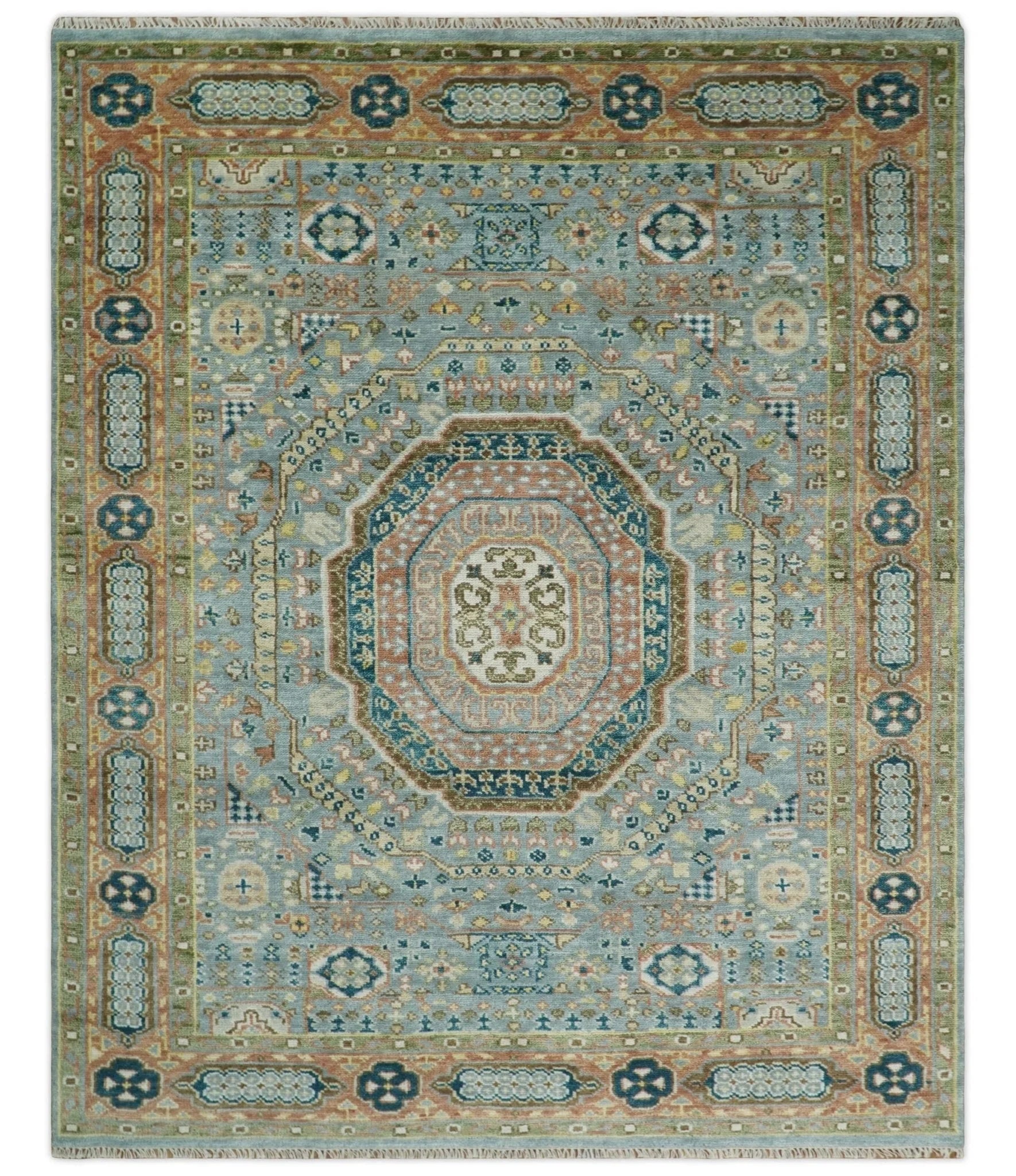 Hand Knotted traditional Kazak 8x10 Blue and Rust Traditional Armenian Rug | TRDCP134810 - The Rug Decor