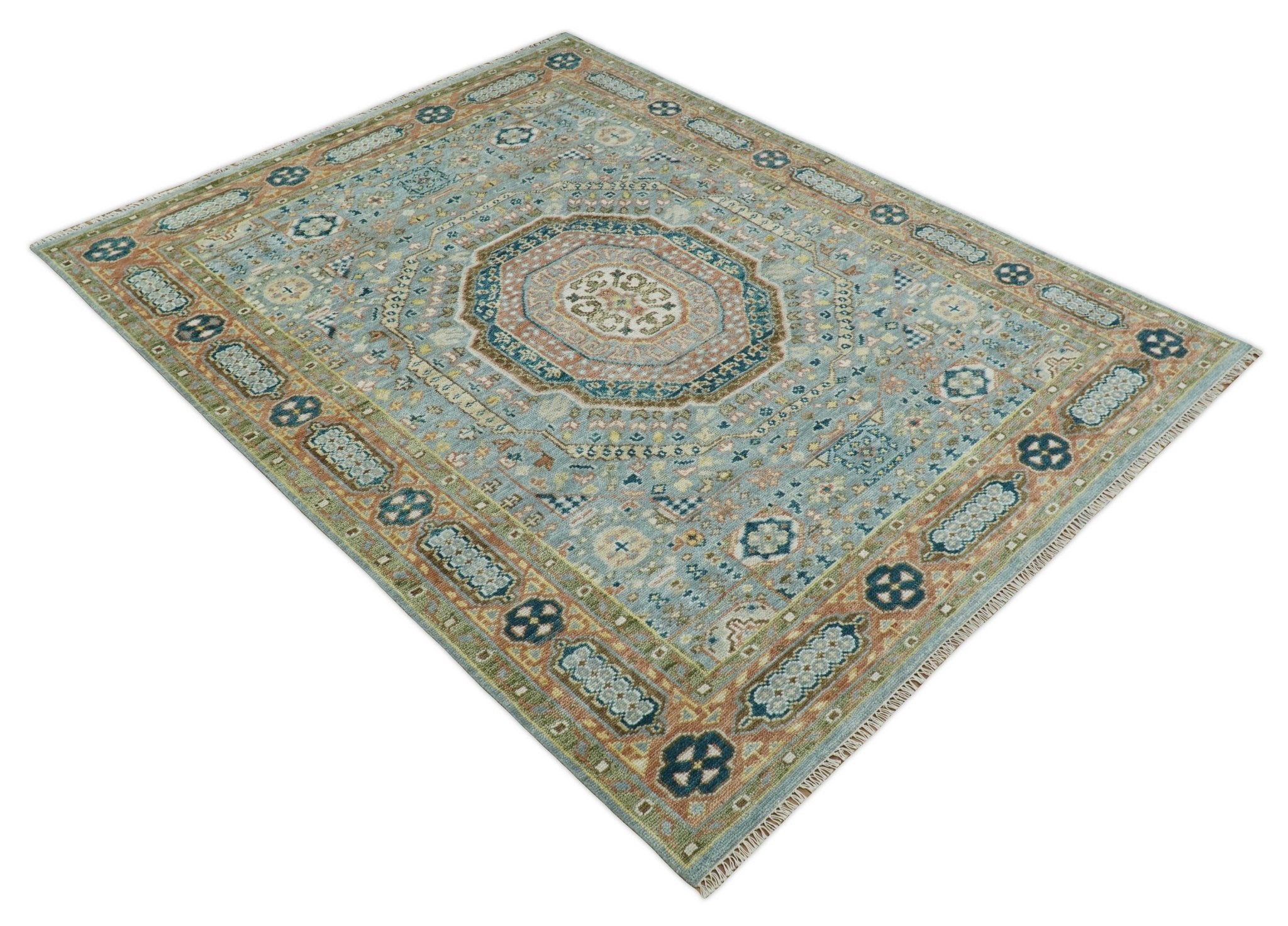 Hand Knotted traditional Kazak 8x10 Blue and Rust Traditional Armenian Rug | TRDCP134810 - The Rug Decor
