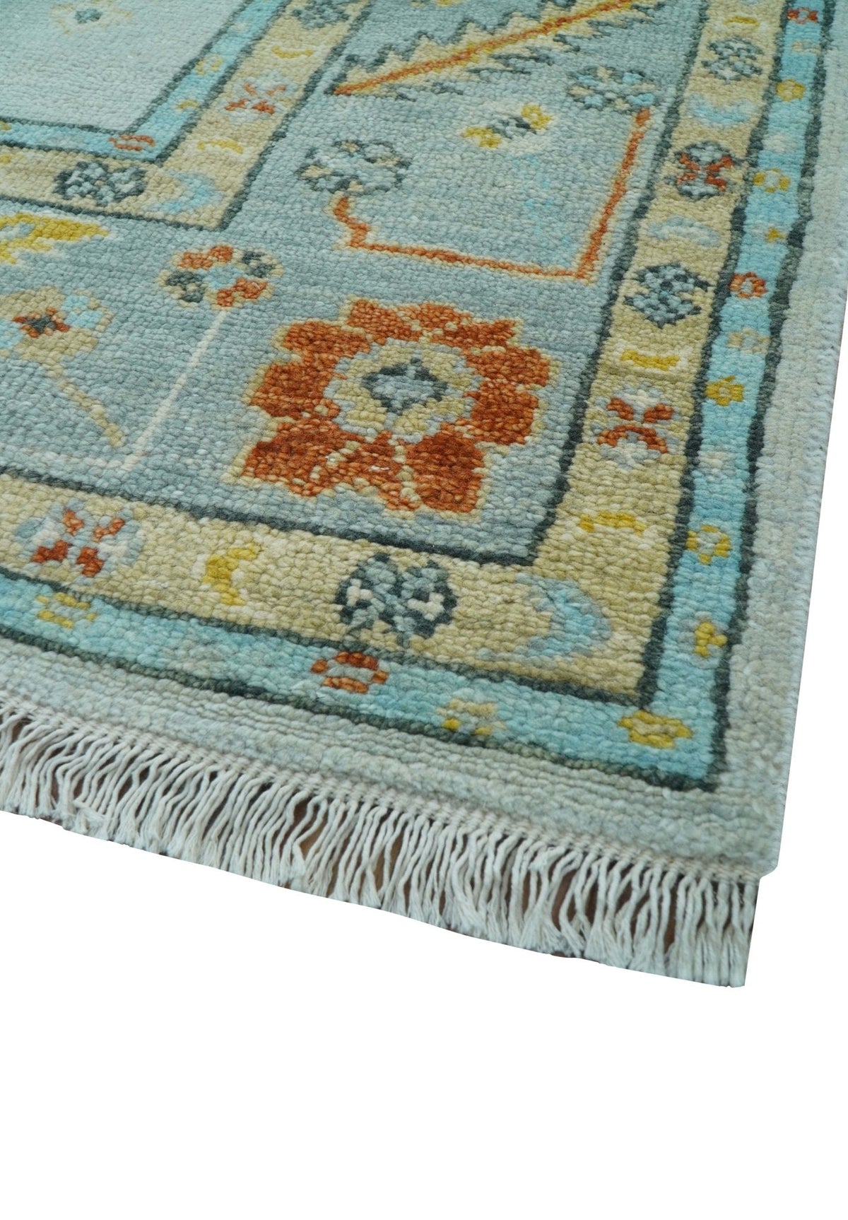 Hand Knotted Traditional Oushak Blue And Mustard Wool Rug