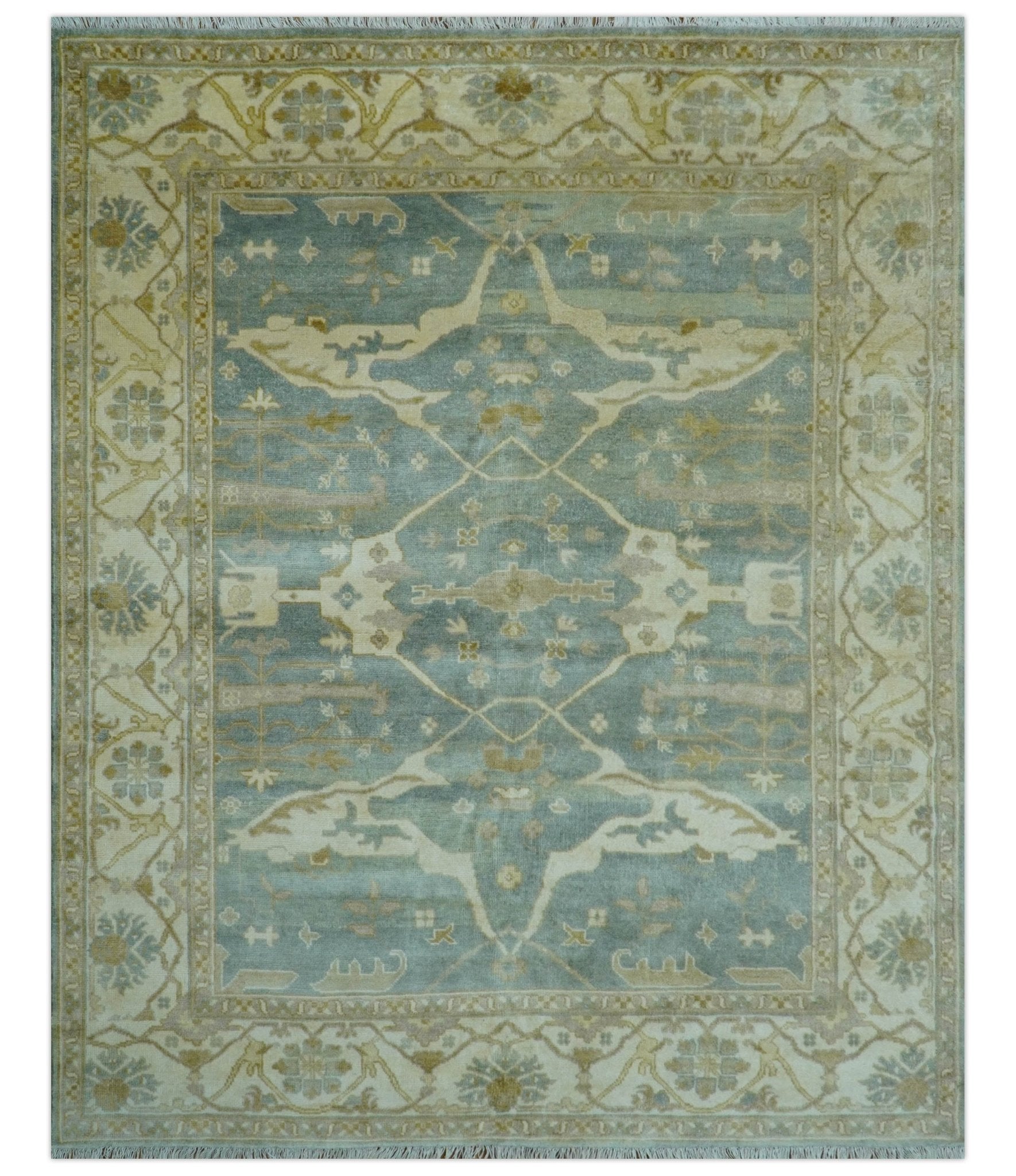 Hand Knotted Traditional Oushak Design Blue And Beige 8x10 Wool Area Rug
