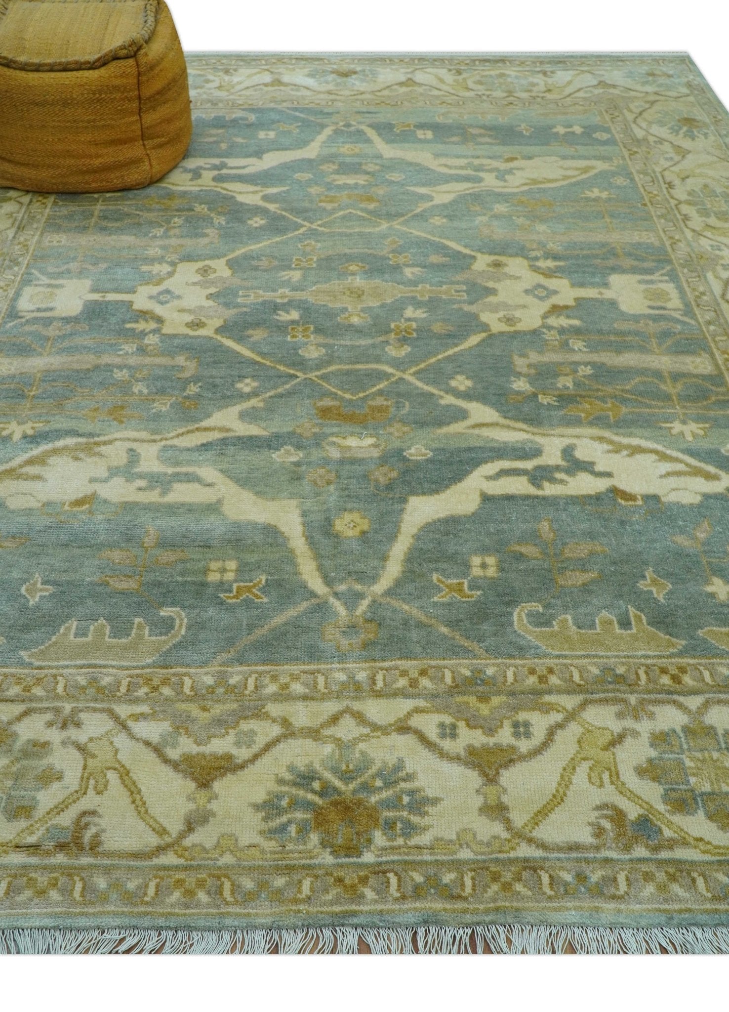 Hand Knotted Traditional Oushak Design Blue And Beige 8x10 Wool Area Rug