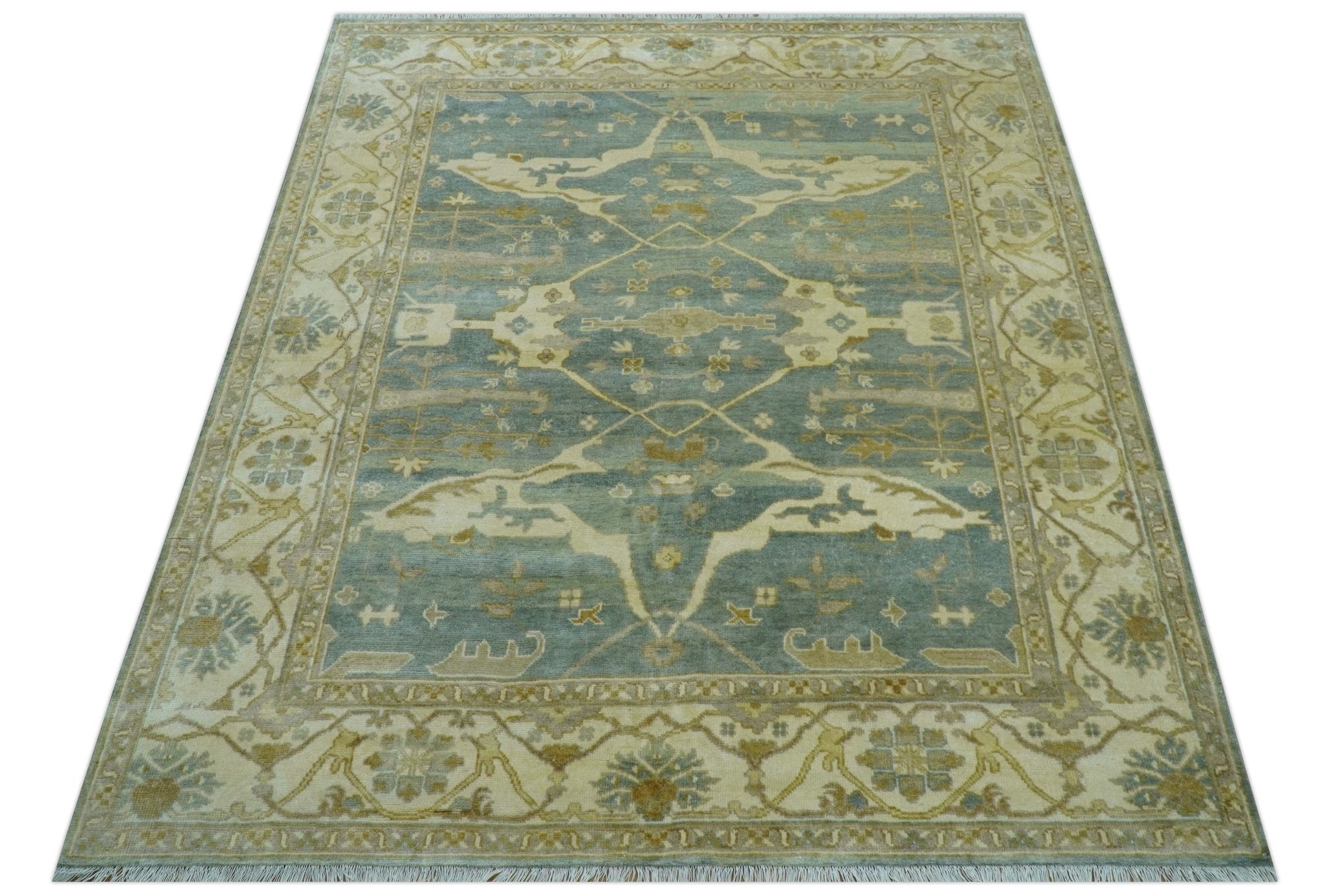 Hand Knotted Traditional Oushak Design Blue And Beige 8x10 Wool Area Rug