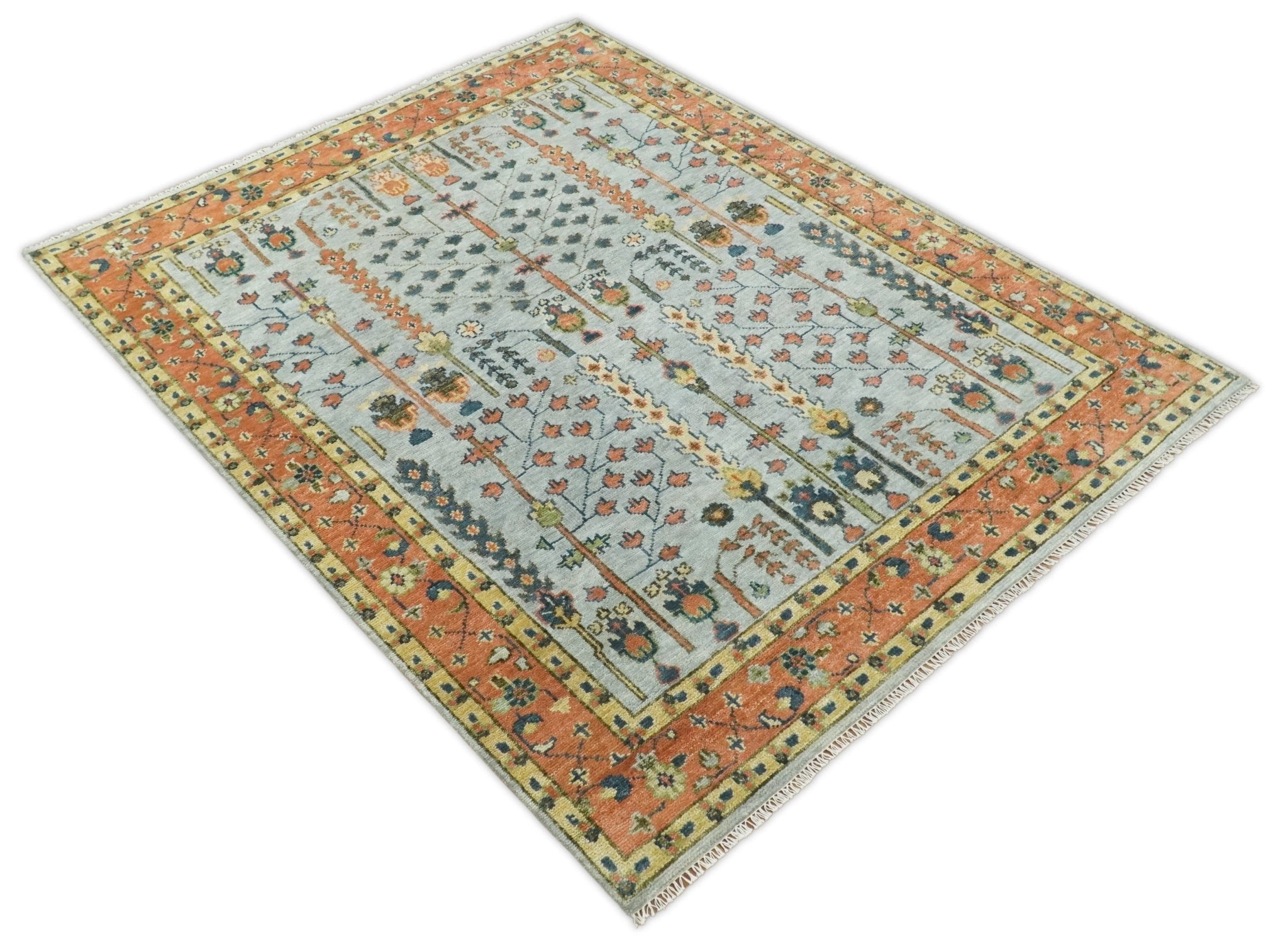 Hand Knotted Tree of Life Rust and Blue Traditional Turkish Design Wool Rug