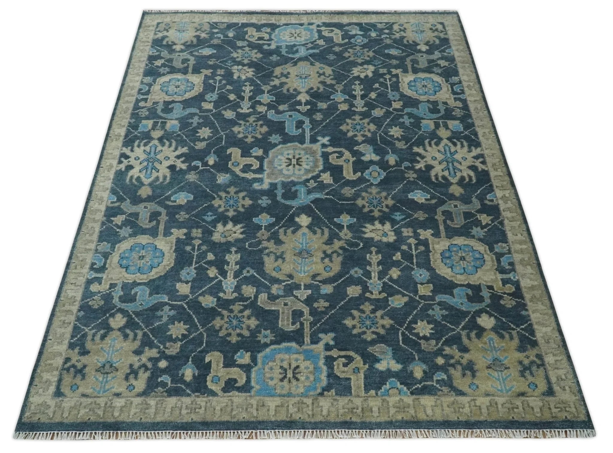 Hand Knotted Vintage Style Oriental Turkish Oushak Blue and Camel Multi Size Wool Area Rug - The Rug Decor