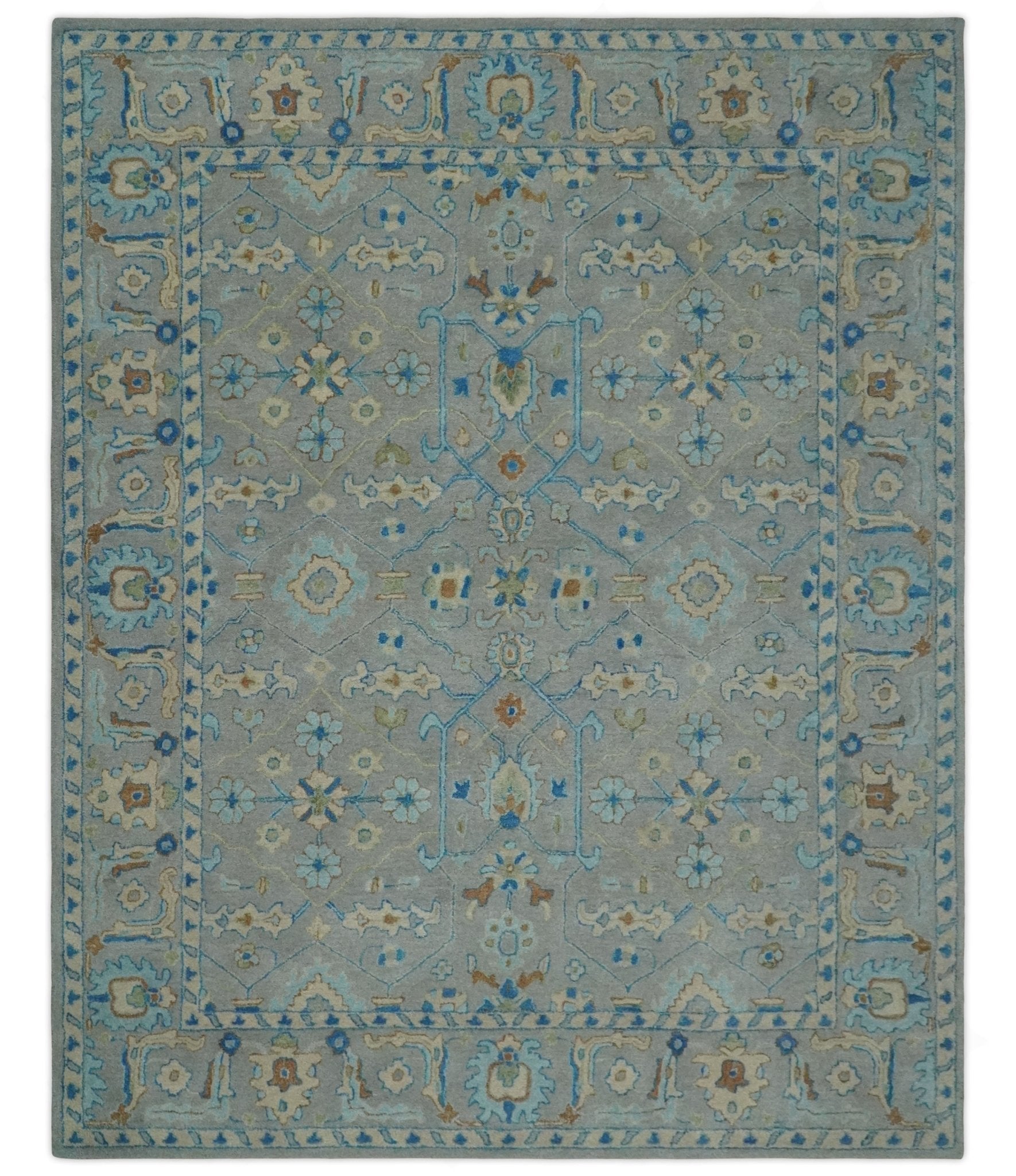 Hand Tufted Gray, Beige and Accent Blue Multi Size 8x10 Traditional Herati Design Wool Rug