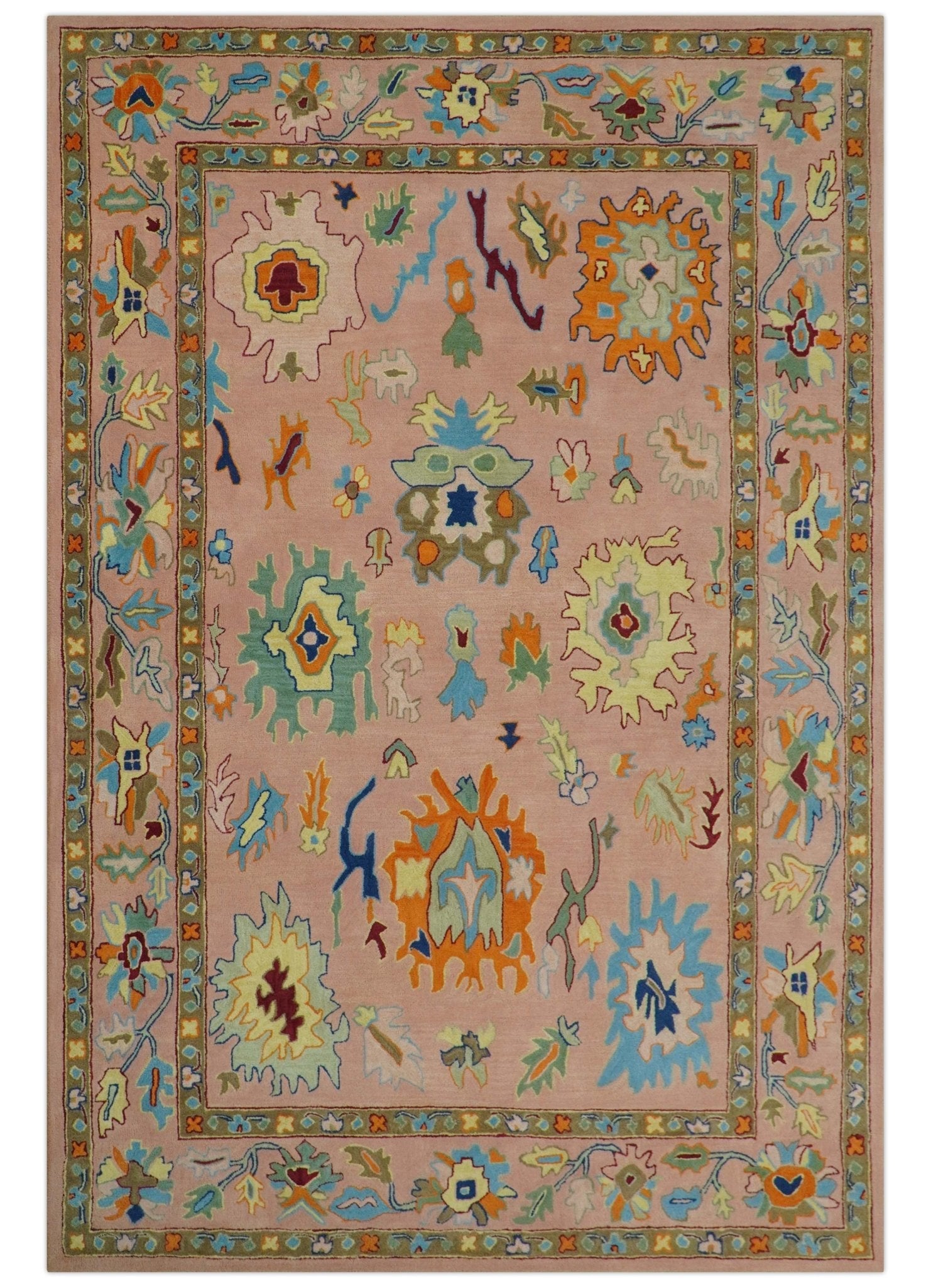 Hand Tufted Pink Peach and Gold Modern Colorful Oushak Rug