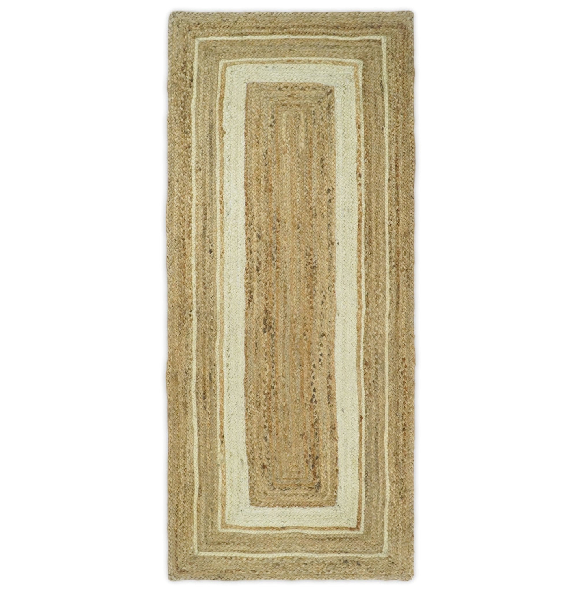 Hand Woven Natural Fiber White and Brown Natural Jute Rug