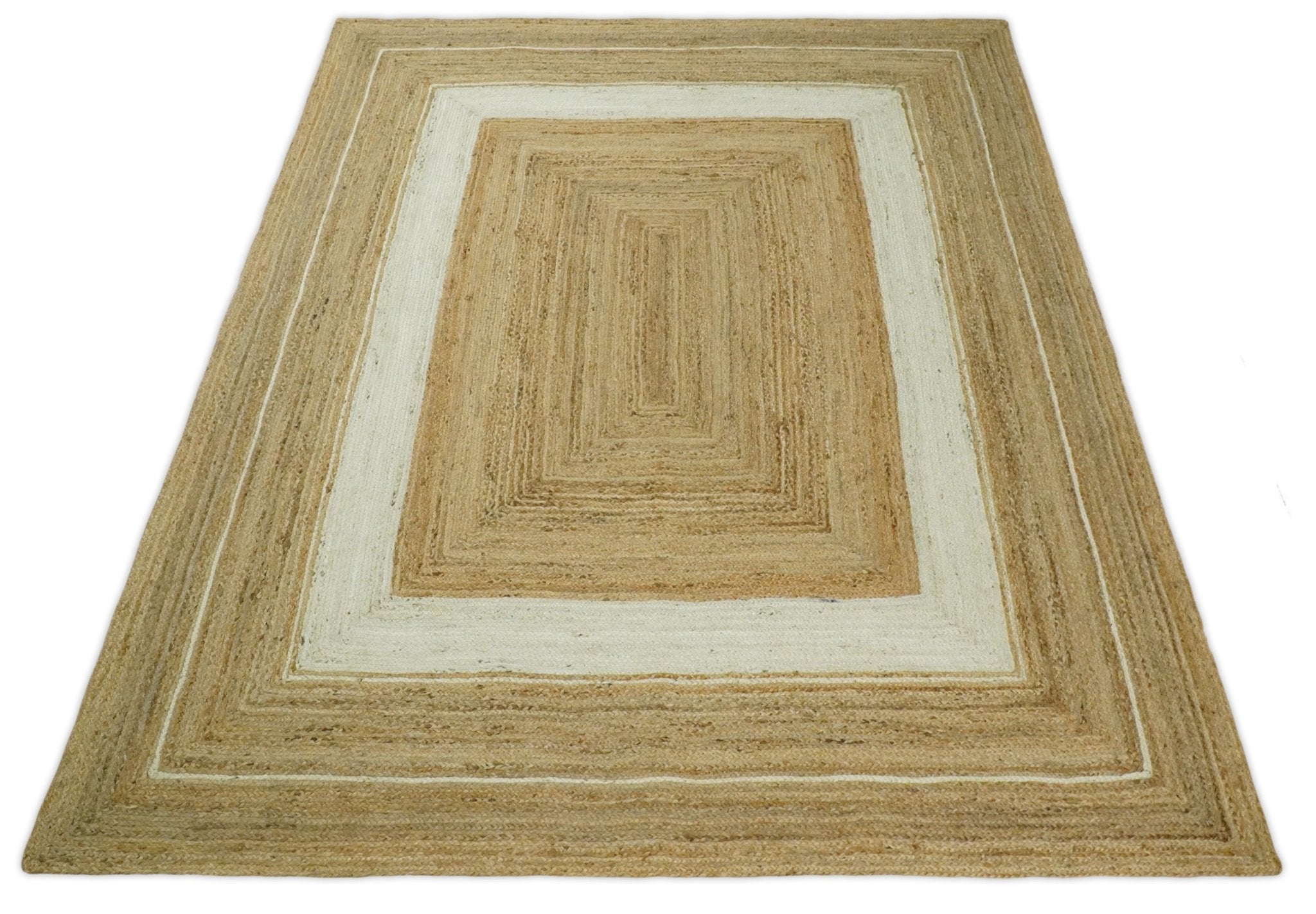 Hand Woven Natural Fiber White and Brown Natural Jute Rug