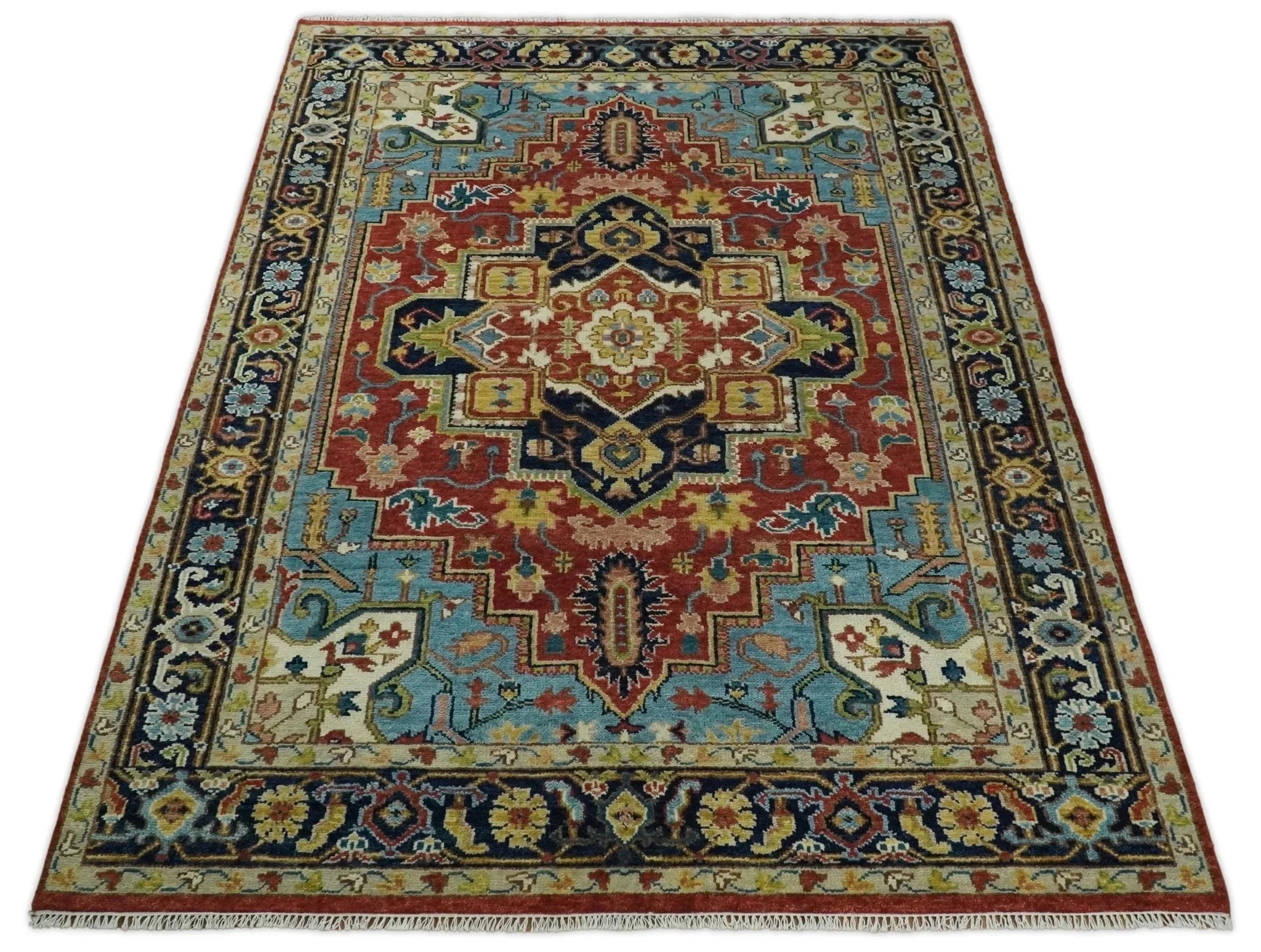 Handmade 6x9 Rust and Blue Traditional Vintage Heriz Serapi Rug | TRDCP11469 - The Rug Decor
