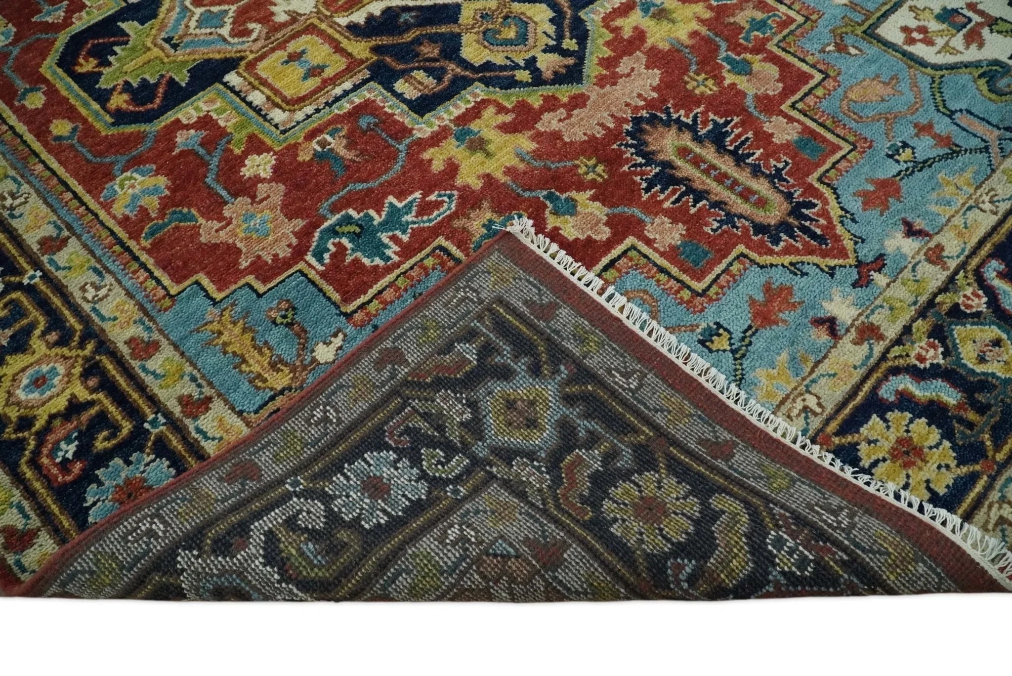 Handmade 6x9 Rust and Blue Traditional Vintage Heriz Serapi Rug | TRDCP11469 - The Rug Decor