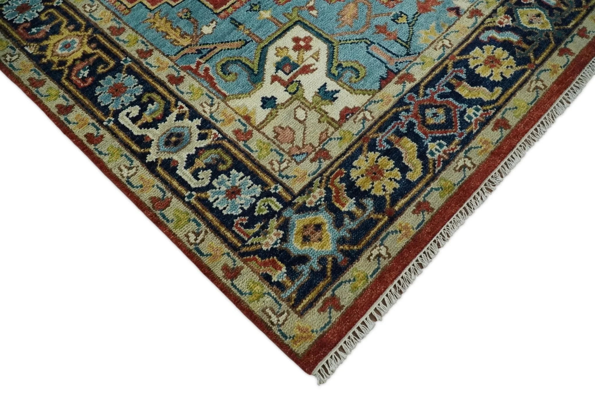 Handmade 6x9 Rust and Blue Traditional Vintage Heriz Serapi Rug | TRDCP11469 - The Rug Decor