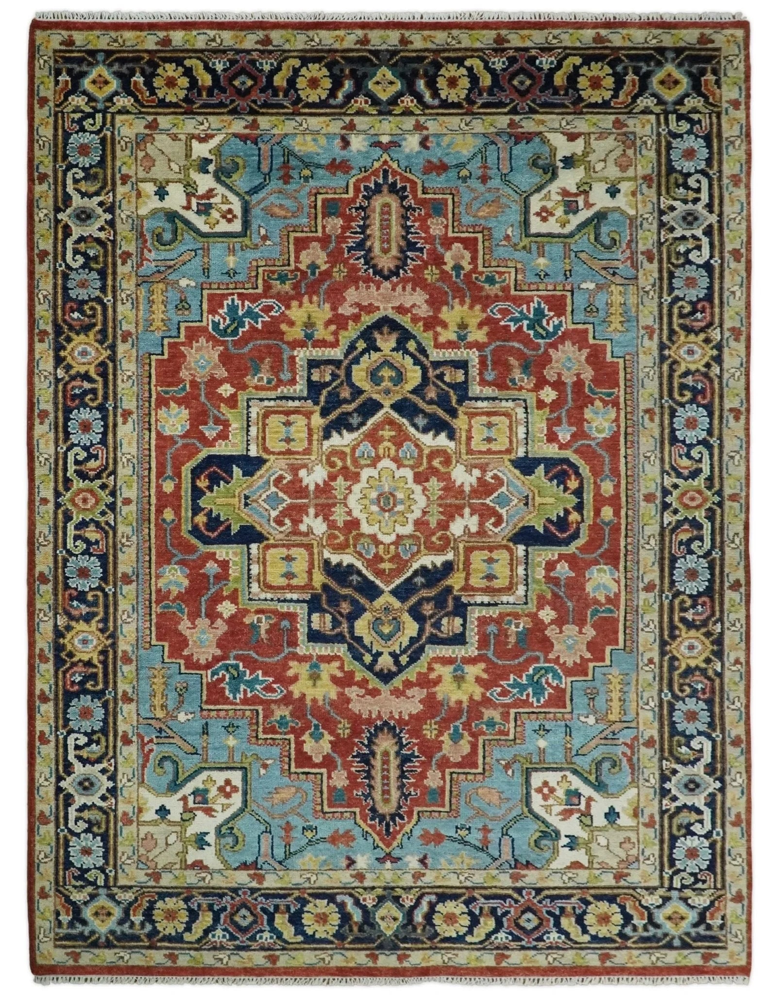 Handmade 6x9 Rust and Blue Traditional Vintage Heriz Serapi Rug | TRDCP11469 - The Rug Decor