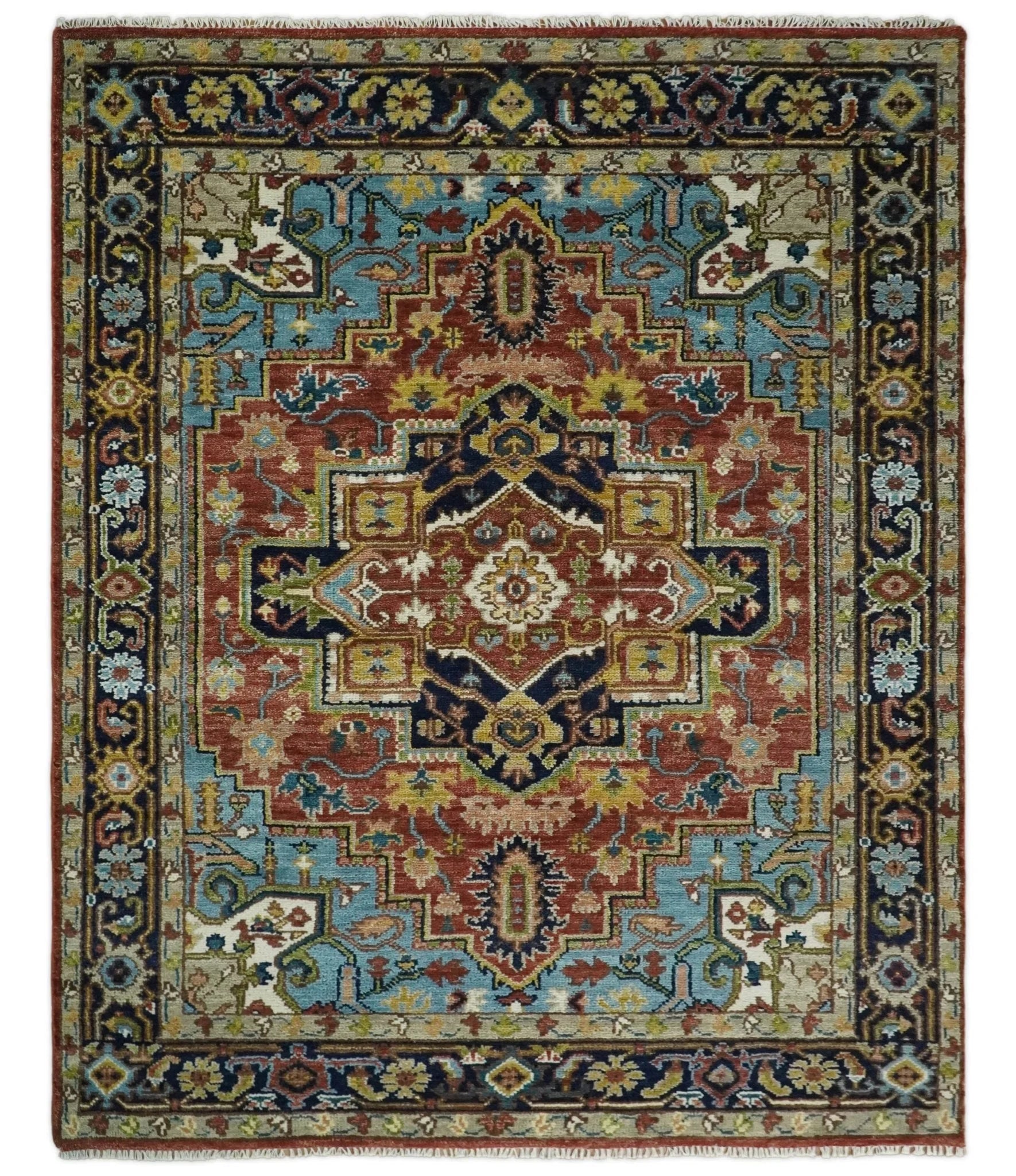 Handmade Rust and Blue Traditional Vintage Heriz Serapi Rug | TRDCP114 - The Rug Decor