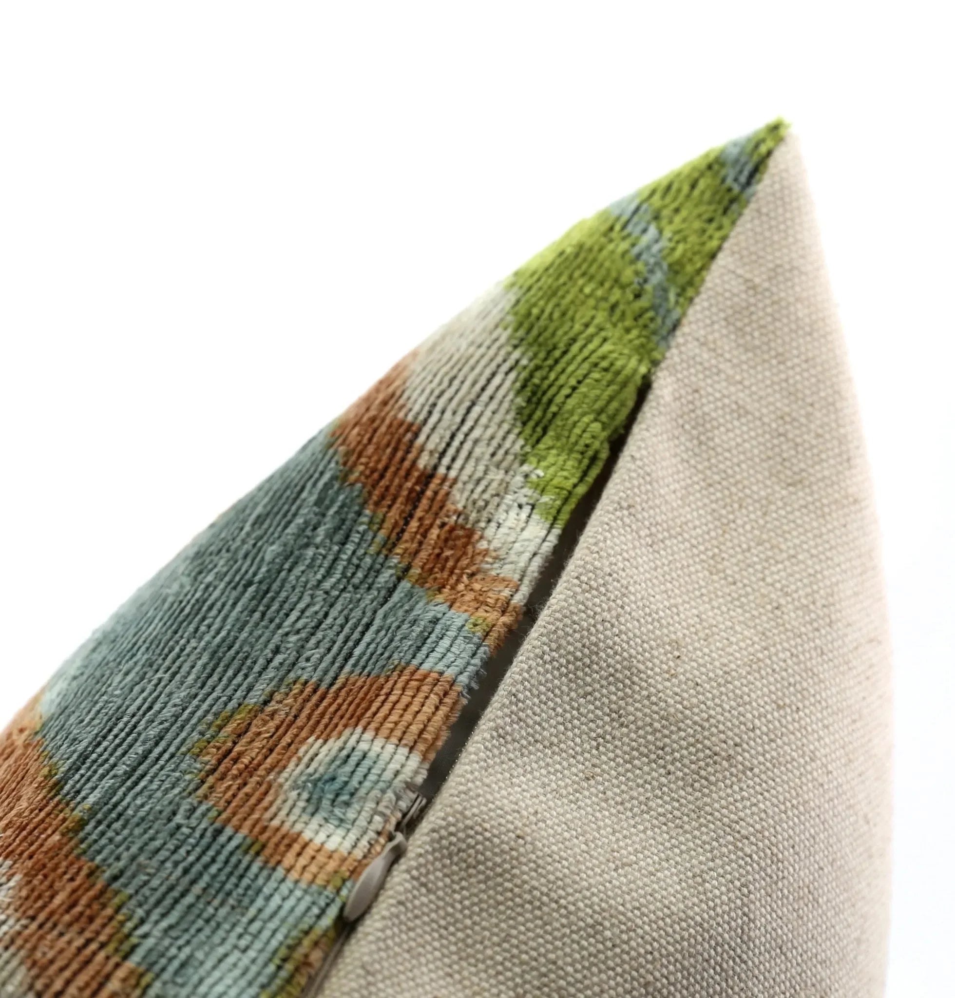 Handmade Velvet Throw Pillow with Green and Blue Geometric Ikat Design - High-Quality 20x20 Inch Decorative Accent with Premium Down Feather Insert - The Mayfair Hall