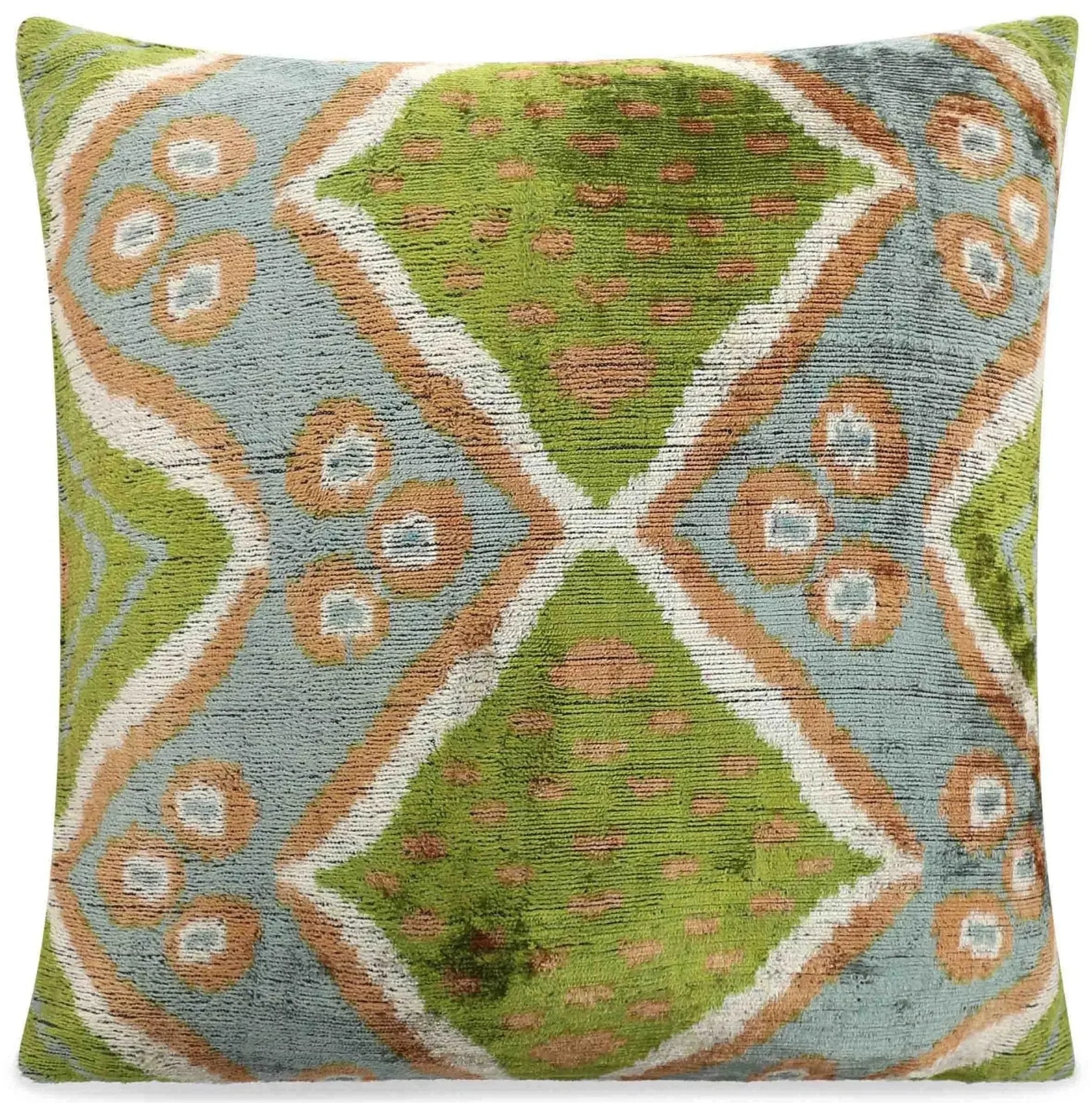 Handmade Velvet Throw Pillow with Green and Blue Geometric Ikat Design - High-Quality 20x20 Inch Decorative Accent with Premium Down Feather Insert - The Mayfair Hall
