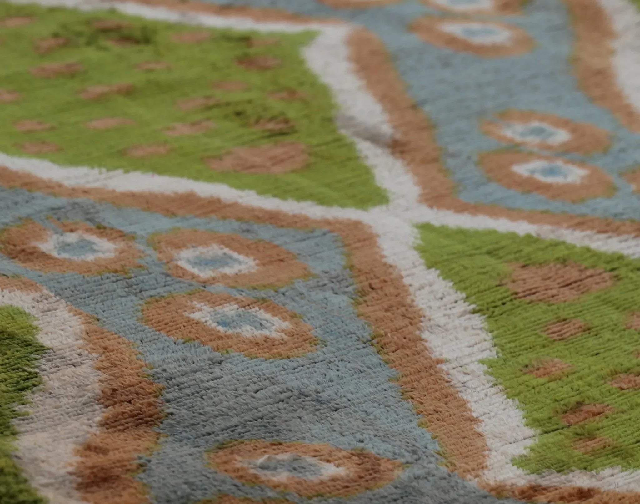 Handmade Velvet Throw Pillow with Green and Blue Geometric Ikat Design - High-Quality 20x20 Inch Decorative Accent with Premium Down Feather Insert - The Mayfair Hall