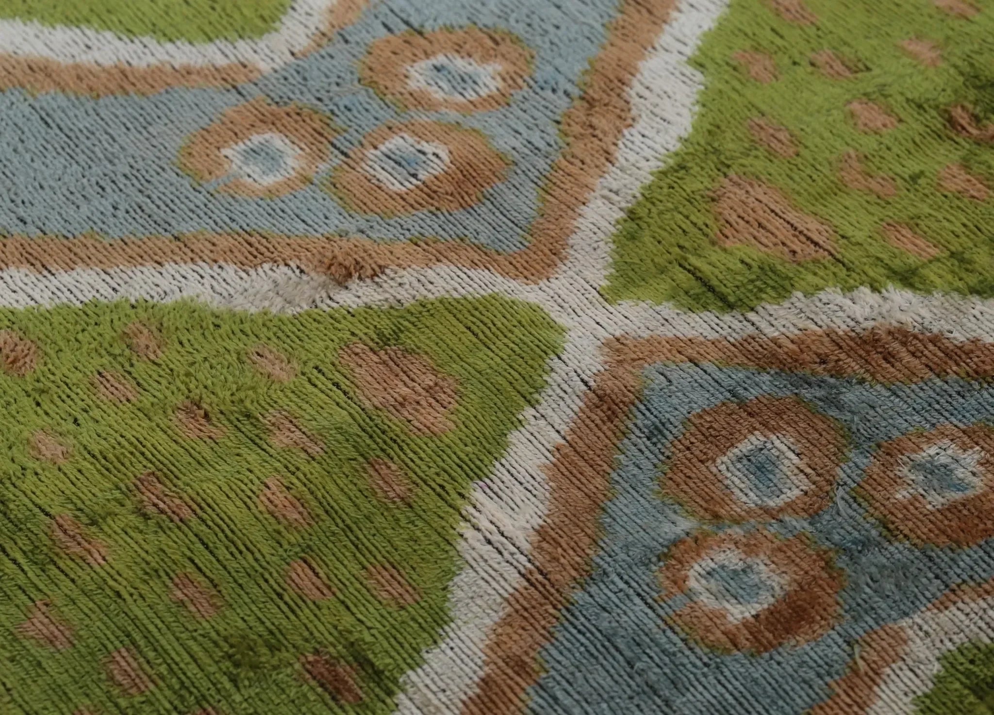 Handmade Velvet Throw Pillow with Green and Blue Geometric Ikat Design - High-Quality 20x20 Inch Decorative Accent with Premium Down Feather Insert - The Mayfair Hall