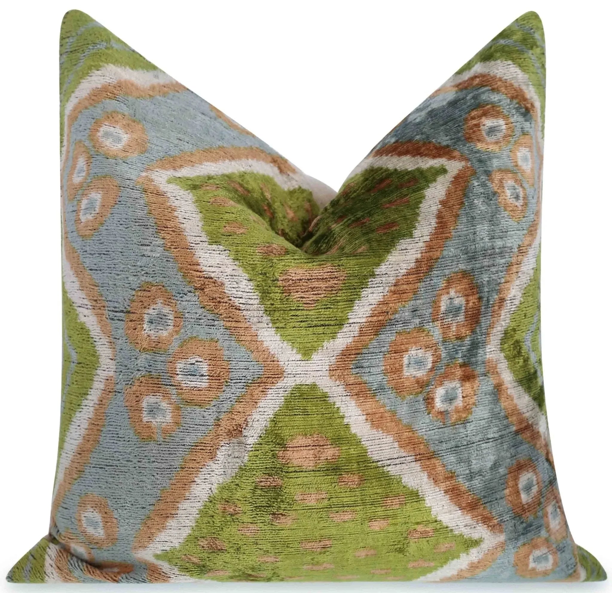 Handmade Velvet Throw Pillow with Green and Blue Geometric Ikat Design - High-Quality 20x20 Inch Decorative Accent with Premium Down Feather Insert - The Mayfair Hall